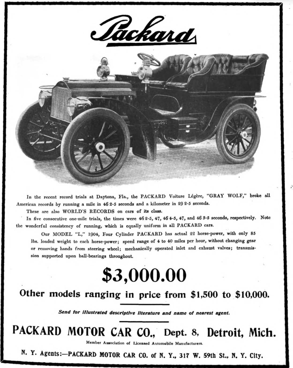 A black and white vintage advertisement for Packard automobiles featuring a classic car with leather seats and text highlighting its record-breaking speed and performance, priced at $3,000.