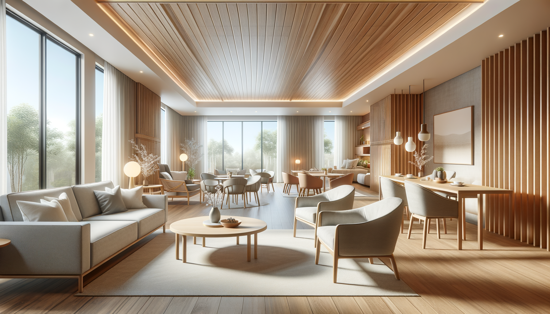 Spacious, modern living room with large windows, wooden floors, neutral furniture, and minimalist decor.