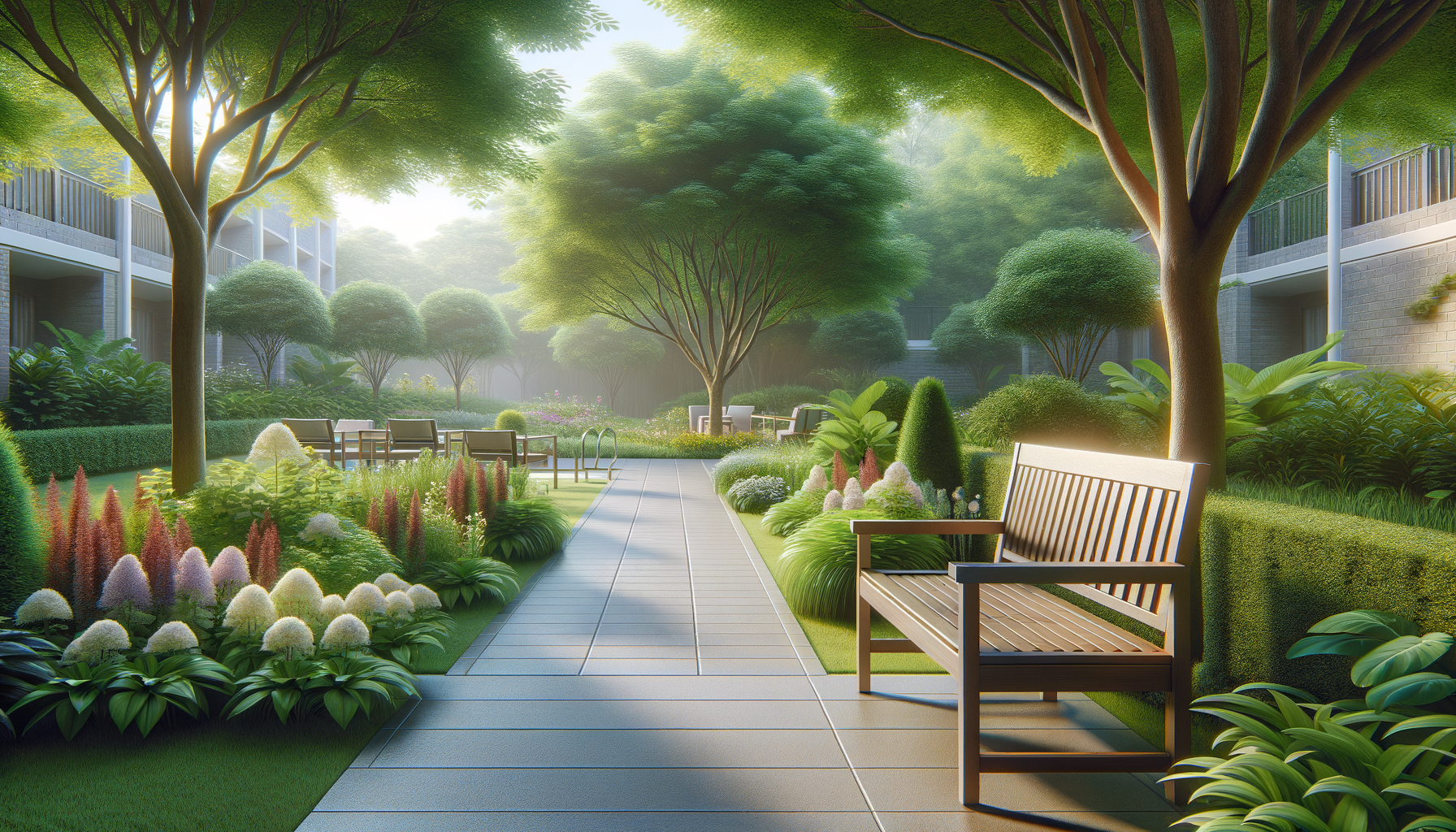 A peaceful courtyard garden with lush green trees, colorful flower beds, and wooden benches along a paved walkway, illuminated by soft sunlight.