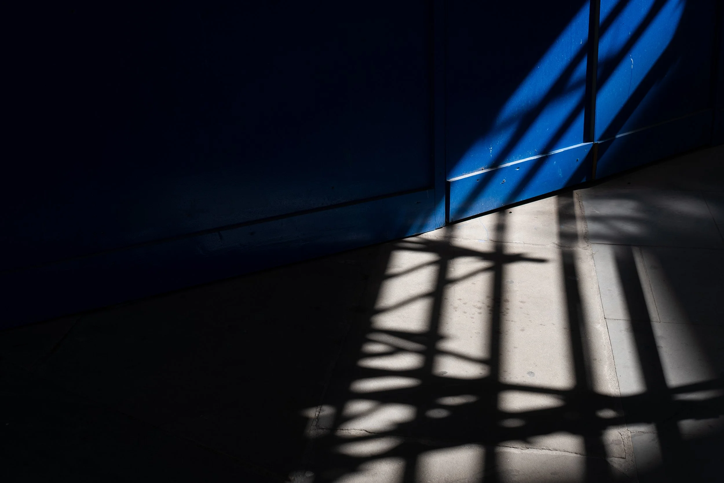 Sunlight casts shadows through metal bars onto a blue door and a tiled floor.