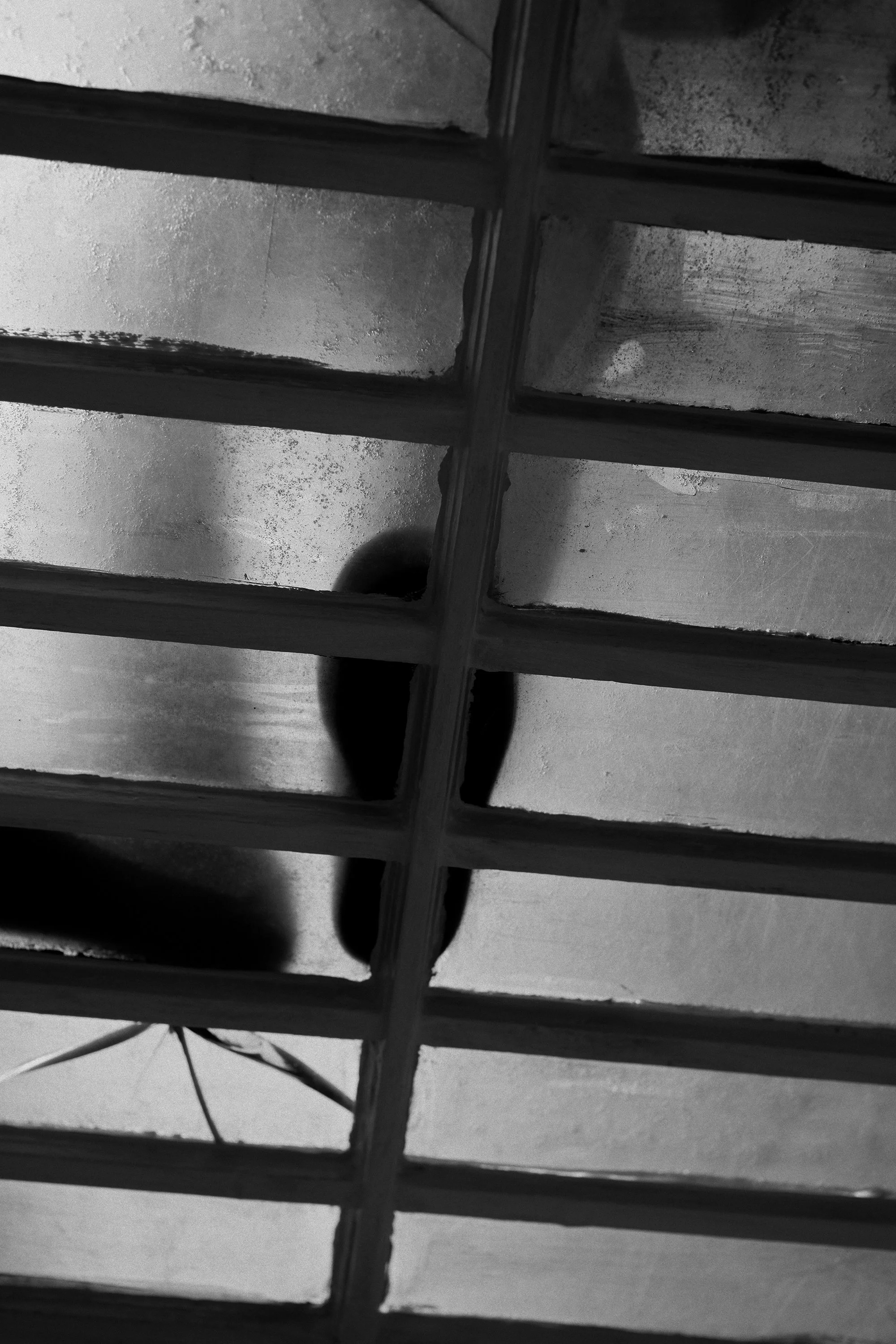 Black and white photo looking through a glass floor with black grid, showing the shadow of shoes against the glass.