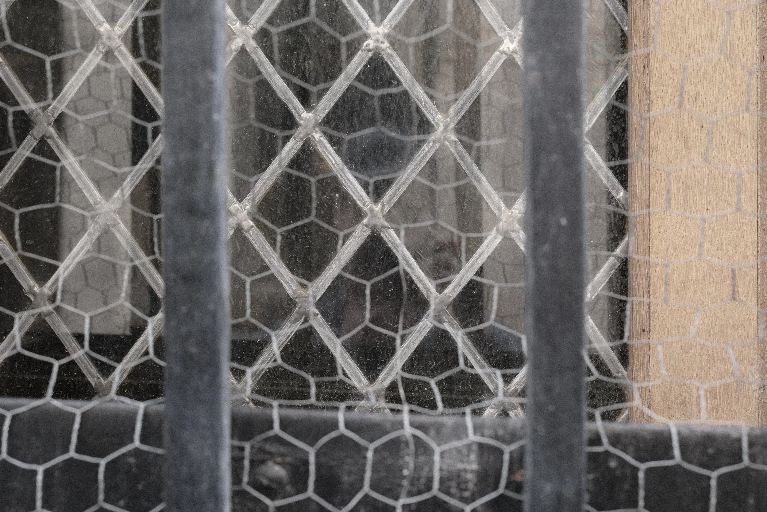 A close-up view of a metal wire mesh fence with a hexagonal pattern, showing a wooden surface behind the fence.