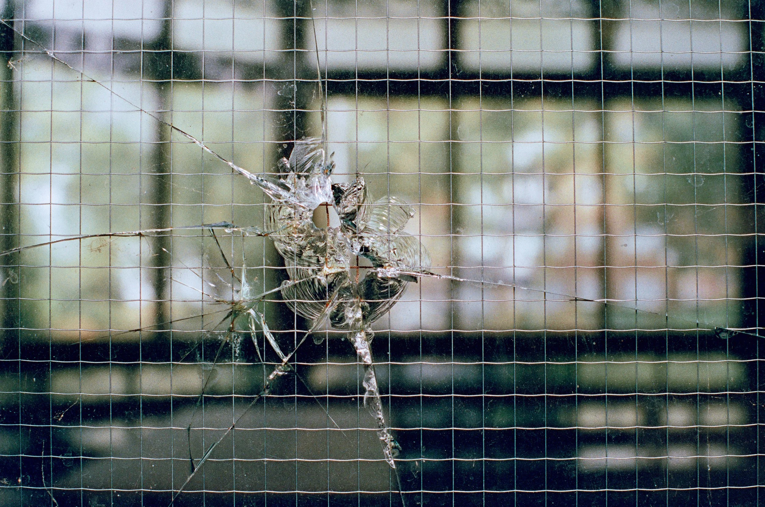Close-up of what looks like a bullet shot through a window of a park pavilion. 