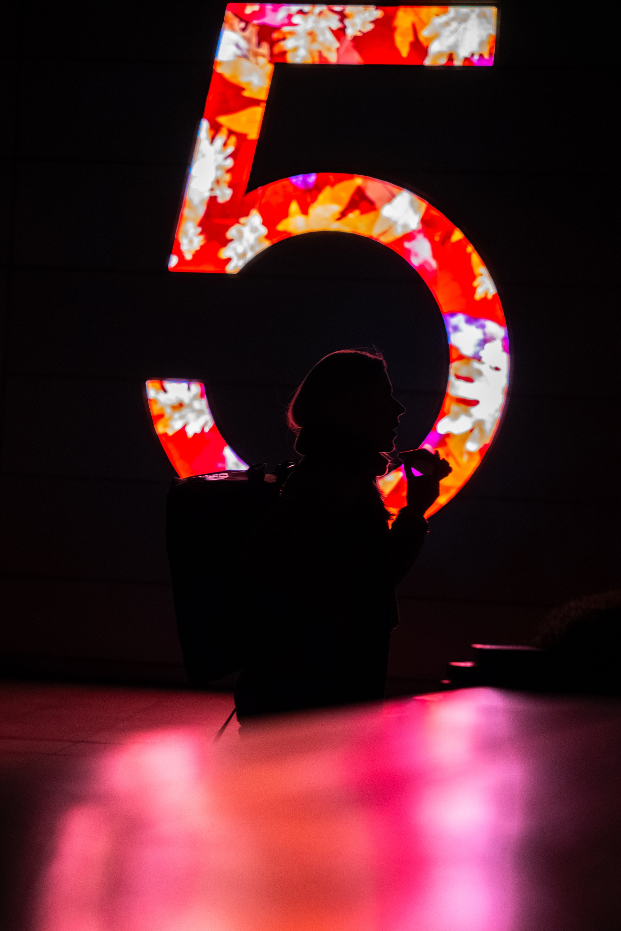 Silhouette of a woman standing near a large illuminated number 5 with a colorful, floral pattern, at night.