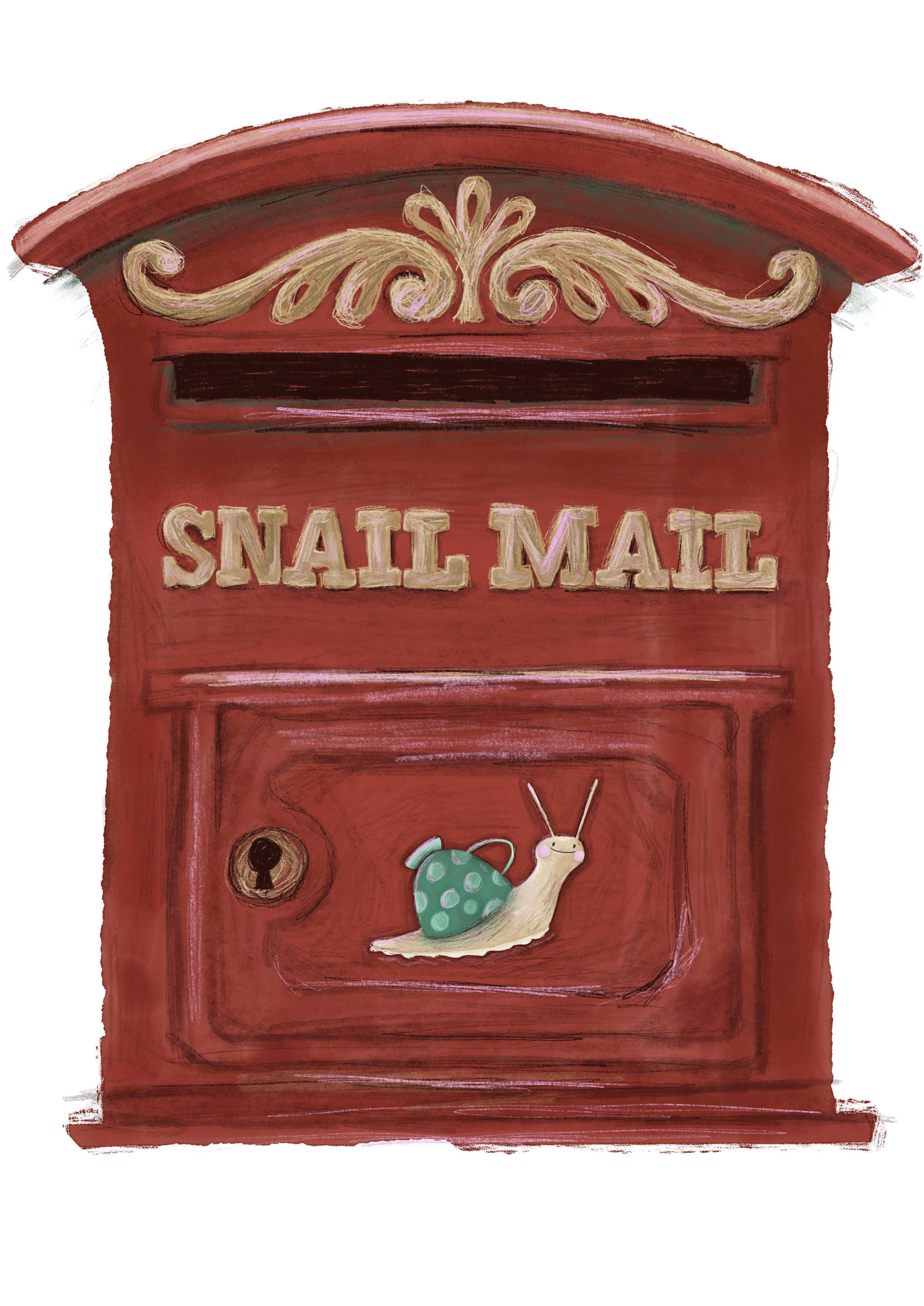 A red mailbox with decorative gold accents and the words 'SNAIL MAIL' on the front. There is a cartoon snail with a polka-dot shell and antennae emerging from the mailbox.