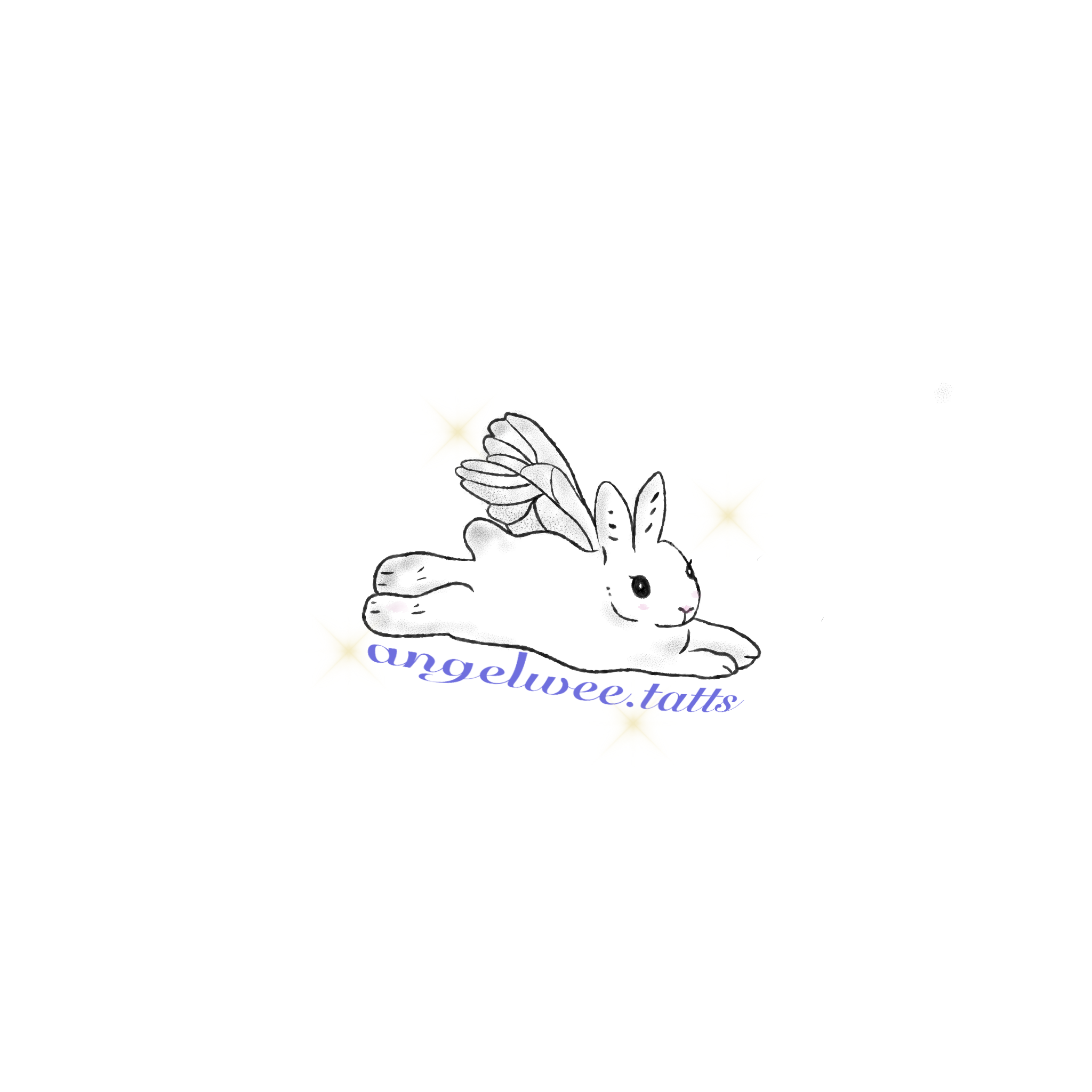 A cartoon illustration of a flying bunny with fairy wings, with the text 'angelwee.tatts' in cursive underneath.