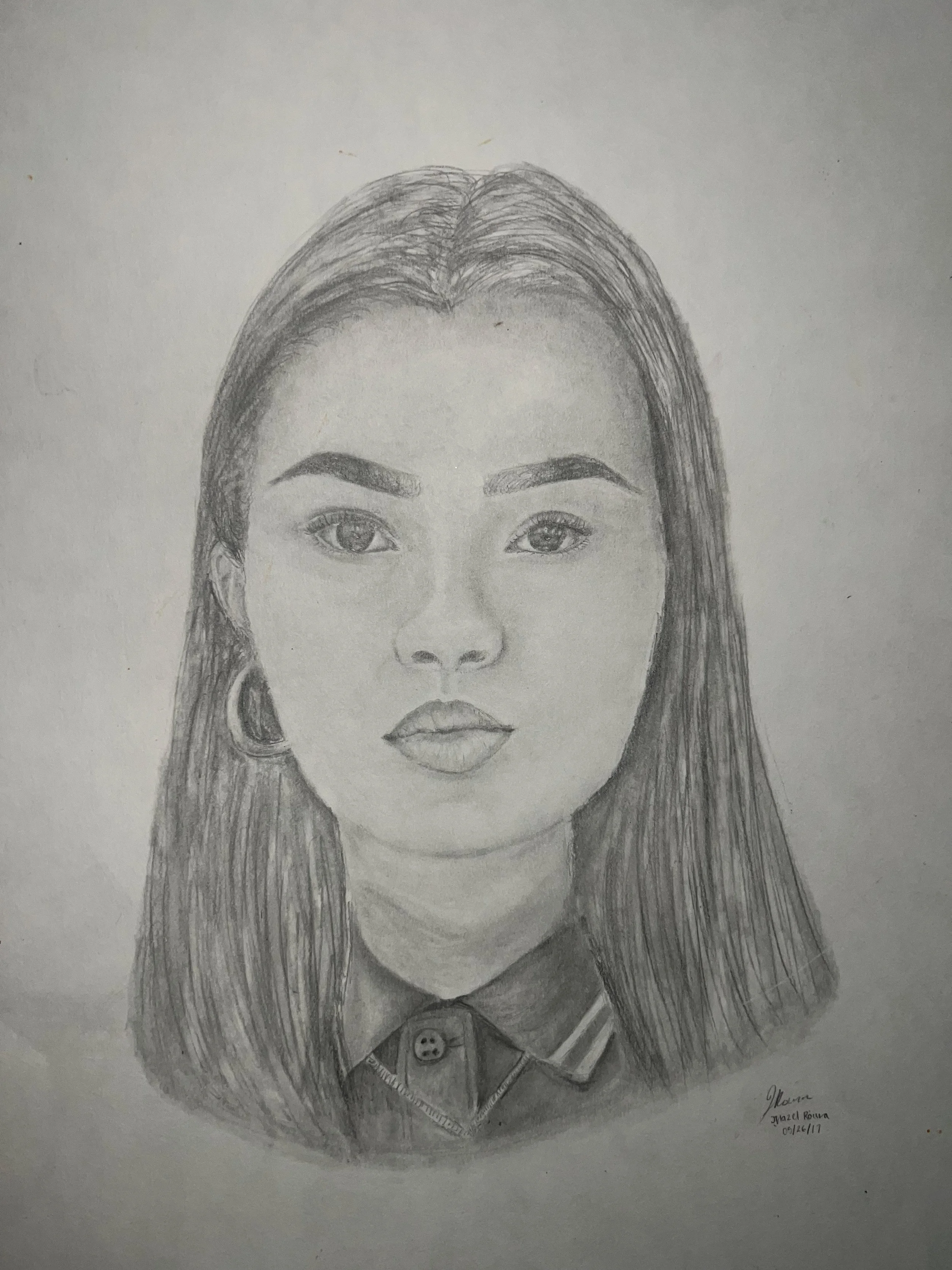 A pencil sketch portrait of a woman with long hair, wearing hoop earrings and a collared shirt.