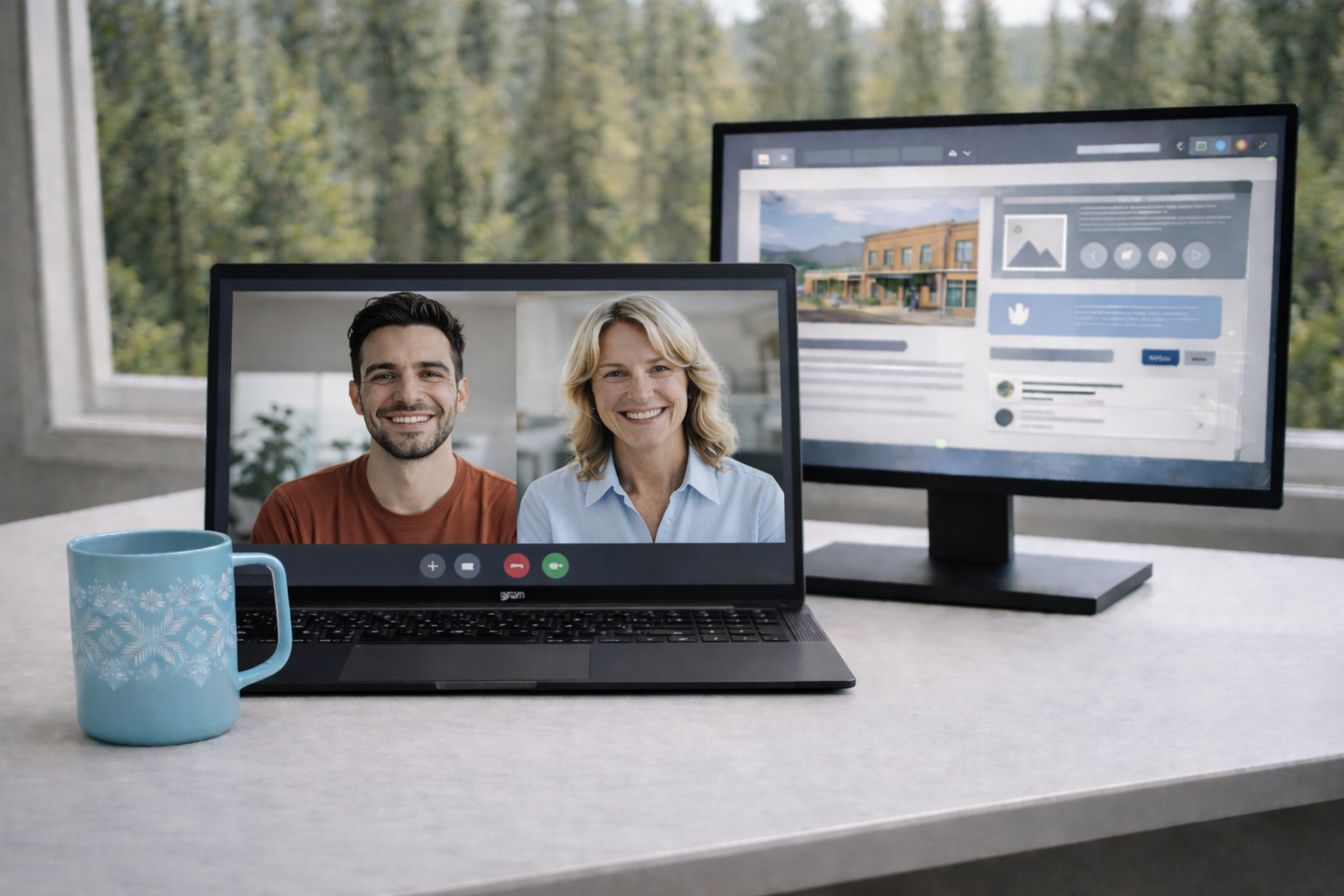 Two people are on a video call on a laptop, with a man on the left and a woman on the right, smiling. The laptop is on a desk next to a blue mug, and there is an external monitor displaying a website or presentation in the background. A window shows a forested outdoor view.