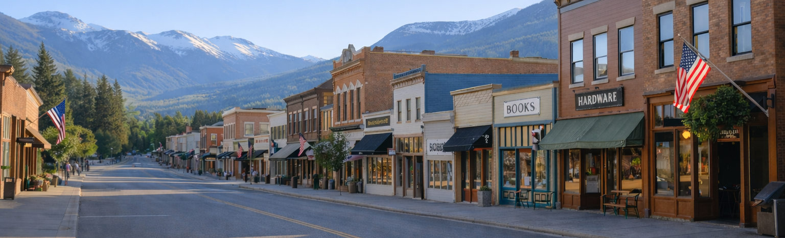 A quiet small-town street with storefronts, American flags, and mountain scenery in the background.