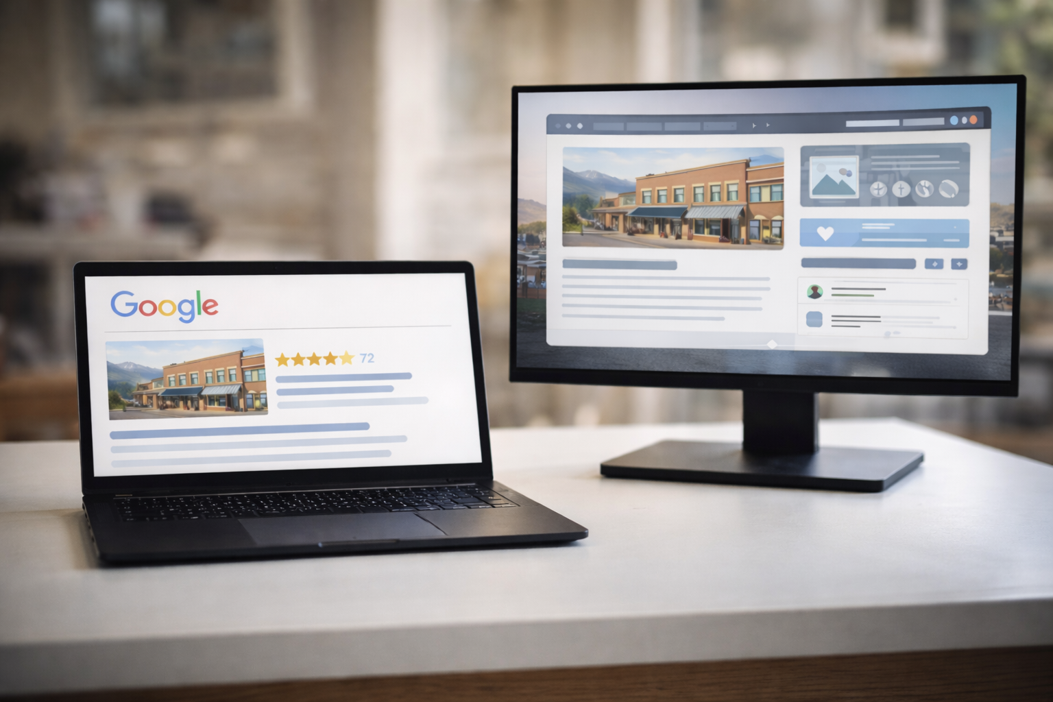 A laptop and external monitor displaying reviews, images, and information about a building, with a blurred outdoor background.