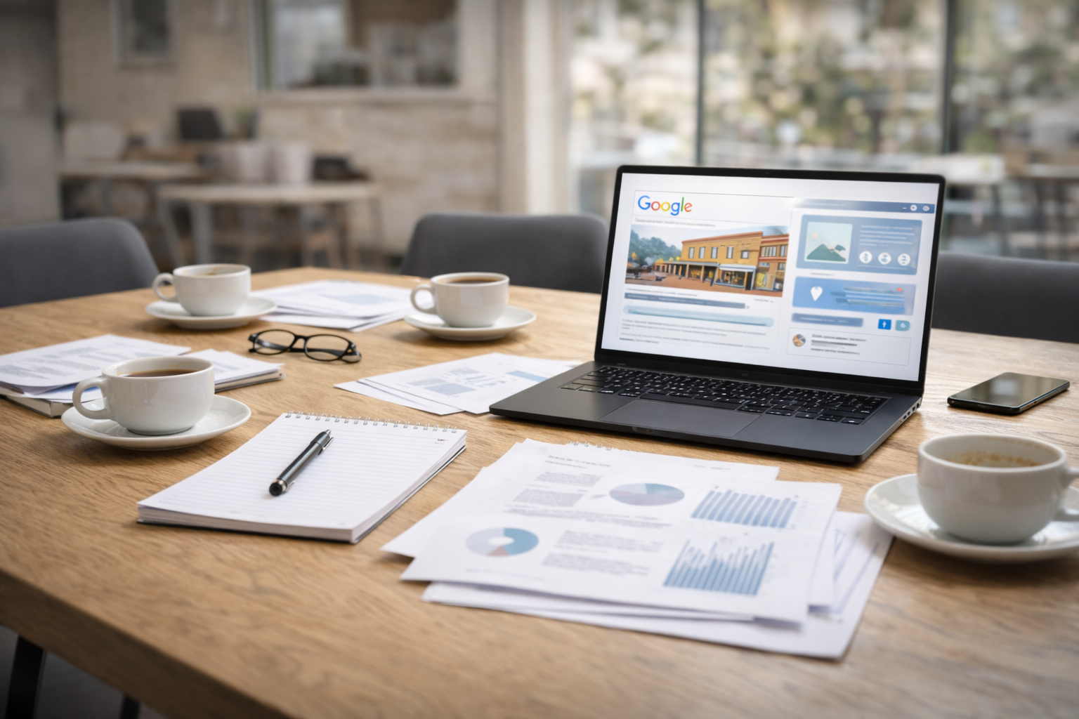 A conference table with a laptop, several stacks of printed documents, a notepad with a pen, a pair of glasses, four coffee cups on saucers, and a smartphone in a bright office with large windows.