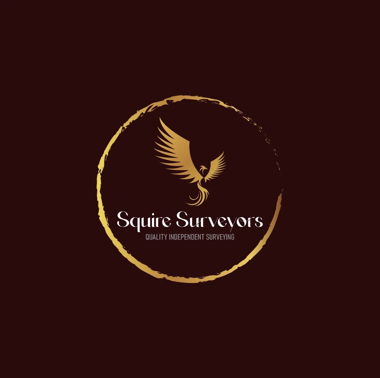 Logo of Squire Surveyors featuring a gold phoenix within a circular gold border against a dark background, with text reading 'Squire Surveyors' and 'Quality Independent Surveying'.