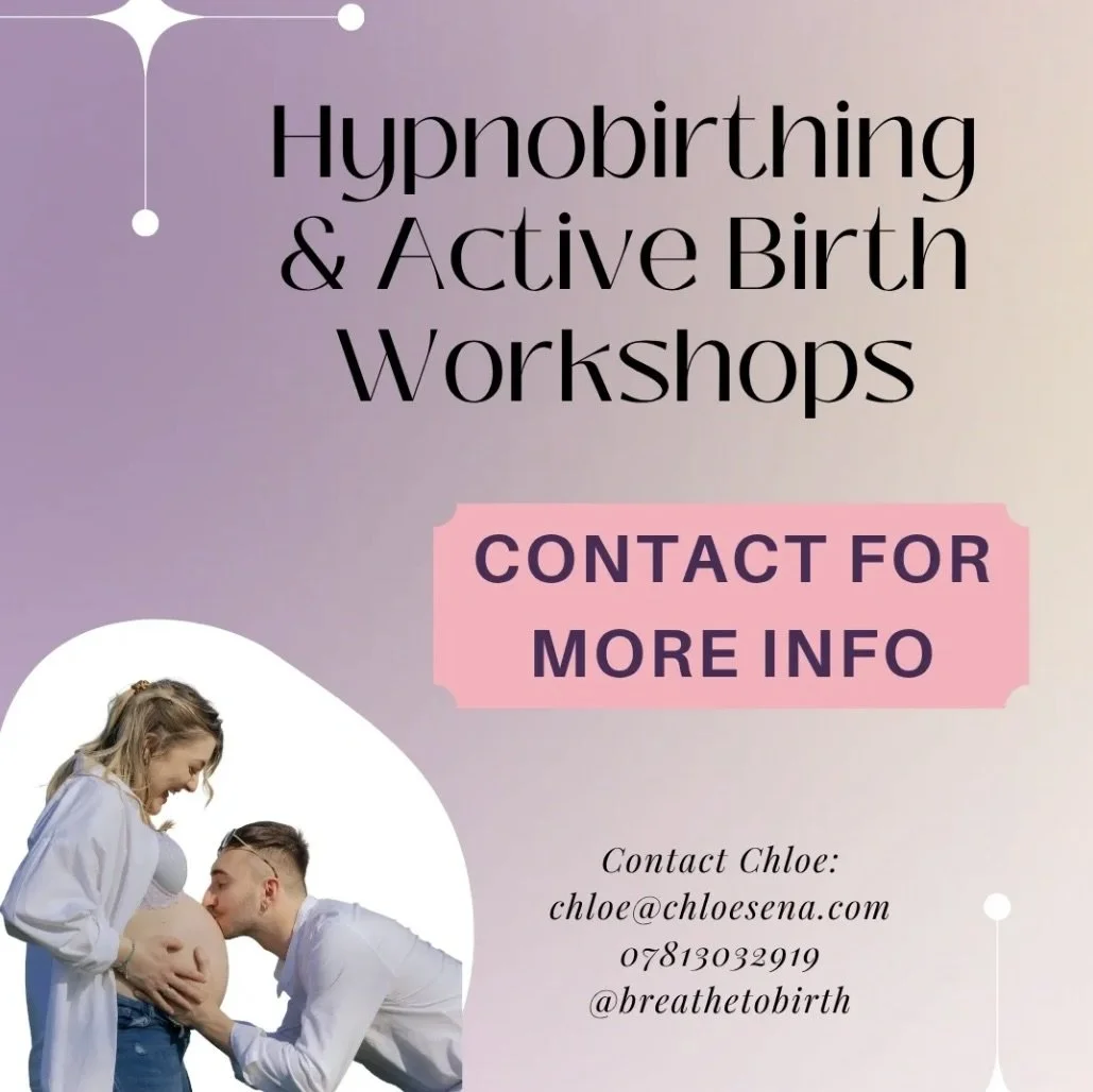 Flyer advertising hypnobirthing and active birth workshops with contact information, featuring a pregnant woman and her partner.