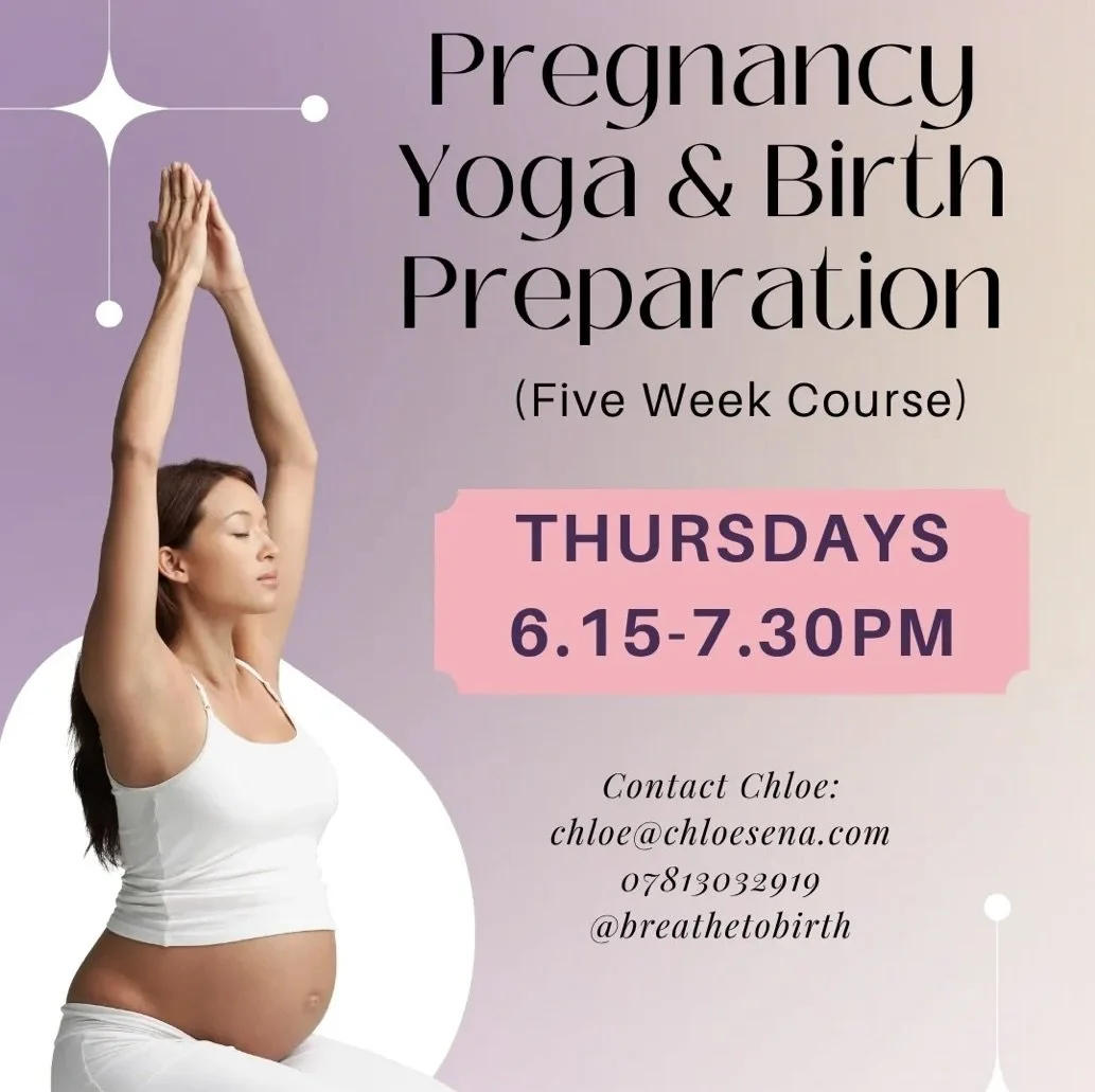 An advertisement for a five-week pregnancy, yoga, and birth preparation course held on Thursdays from 6:15 to 7:30 PM. It features a woman practicing yoga in a peaceful pose with her hands raised above her head and her eyes closed, against a pastel purple and beige background.