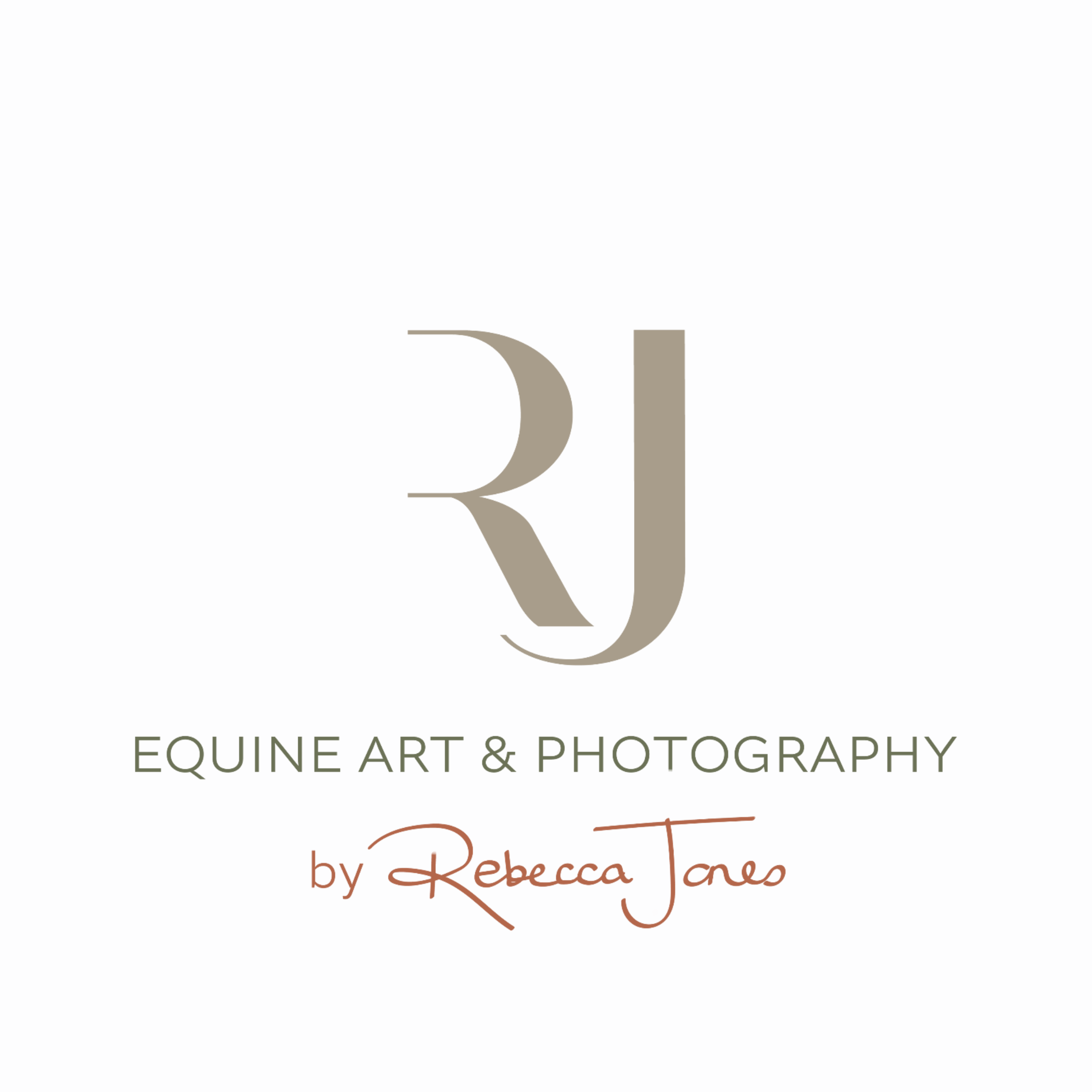 Logo for RJ Equine Art & Photography featuring stylized initials RJ and a tagline by Rebecca Jones.