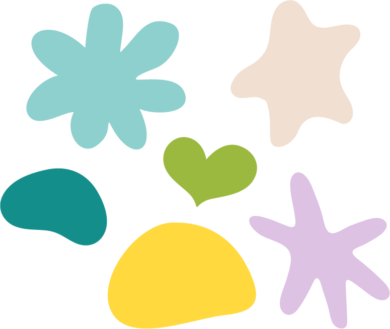 Abstract colorful blobs in various shapes and pastel colors, including blue, beige, purple, green, teal, and yellow.