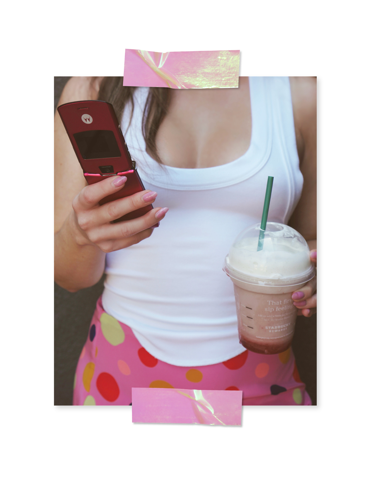 y2k pink motorola razr and starbucks frappucino