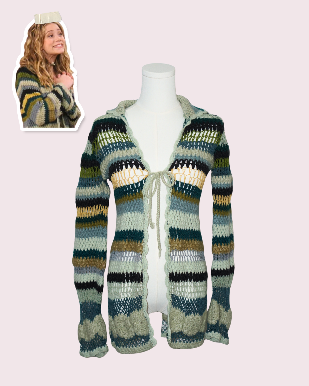 Green Striped Floral Crochet Cardigan - Olsen Twins in So Little Time