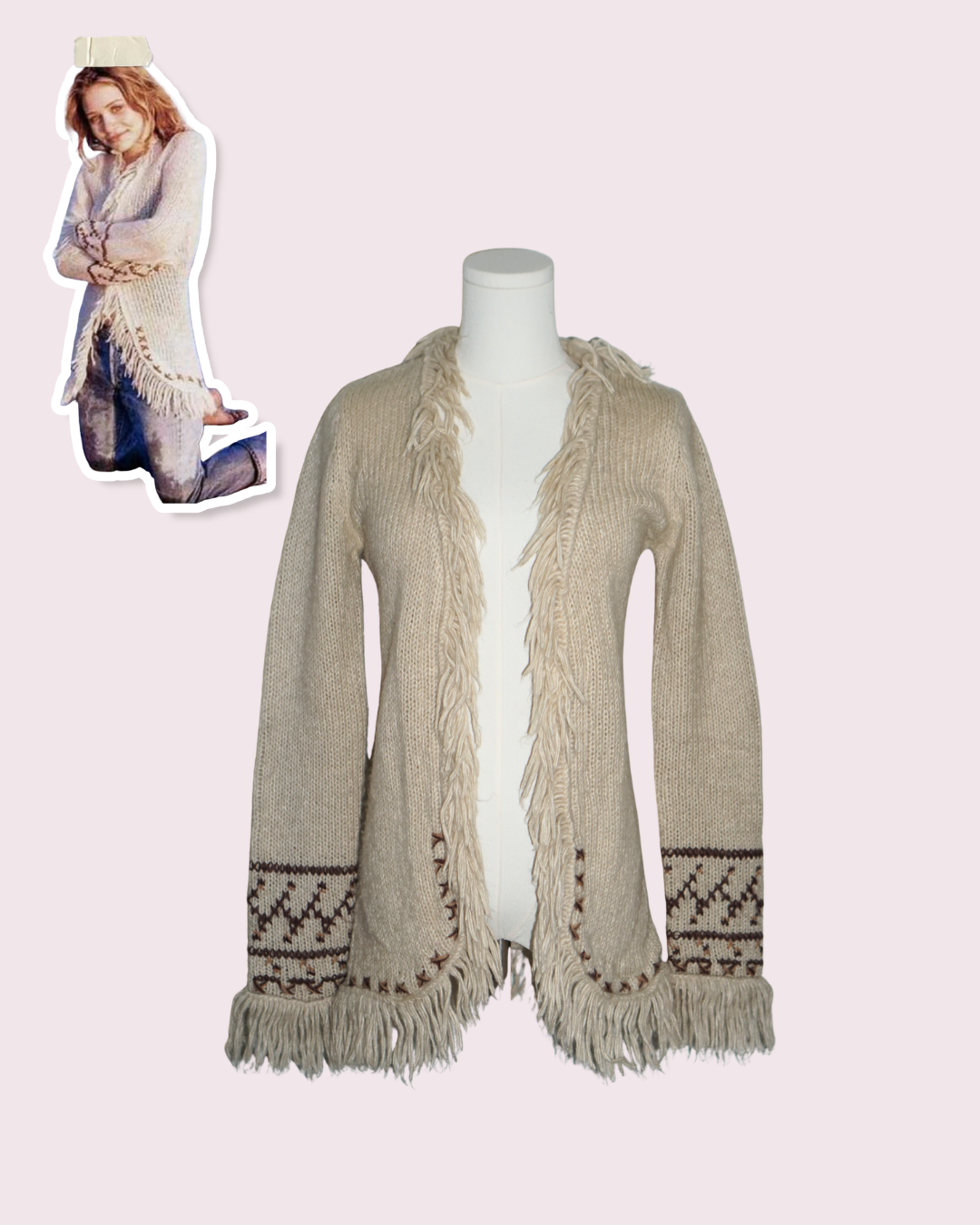 Beige Fringe Knit Cardigan - ASO Ashley Olsen in So Little Time