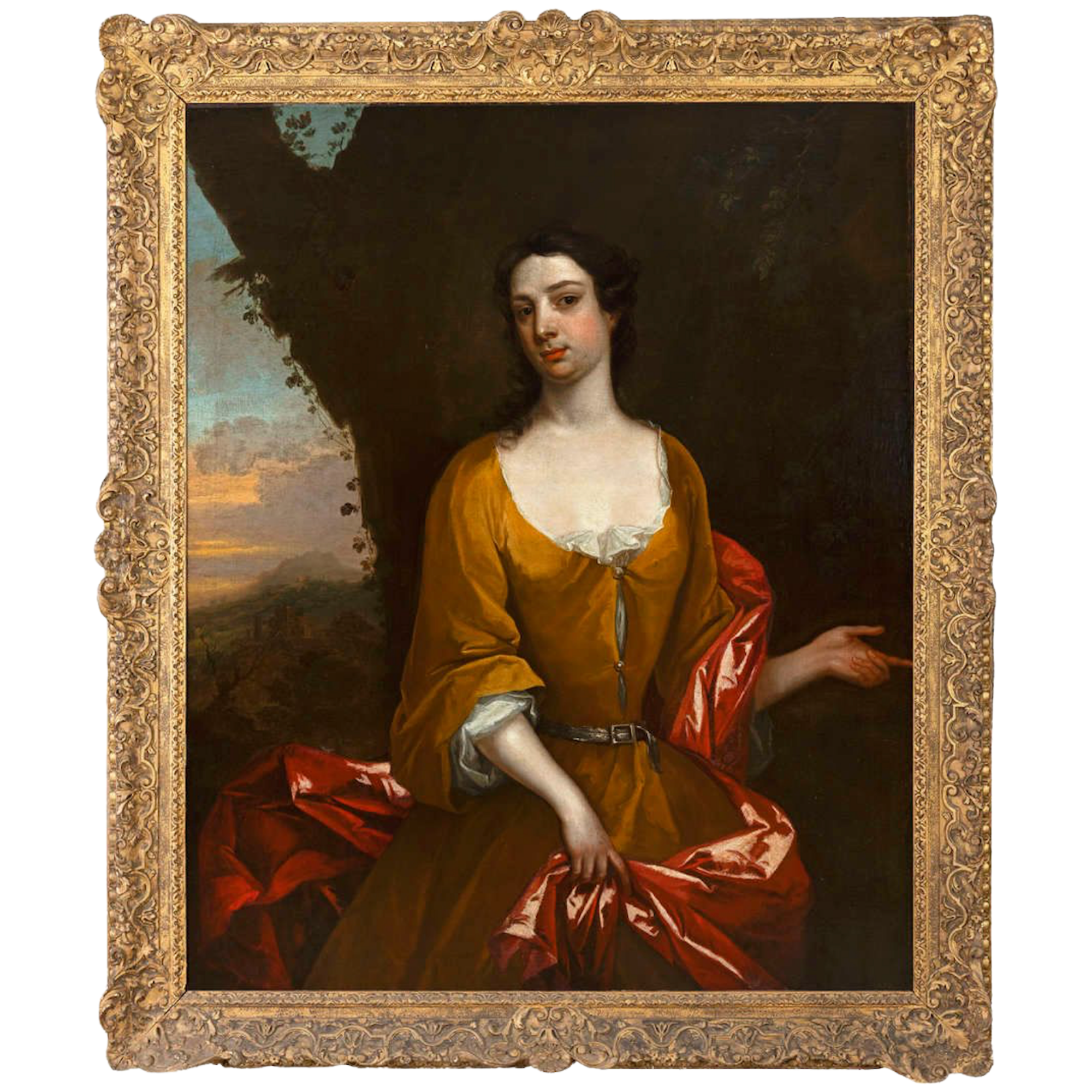 Portrait painting of a woman with dark hair, wearing a yellow dress with white lace, holding a red cloth. The painting has an ornate gold frame, and background includes a cloudy sky with trees.