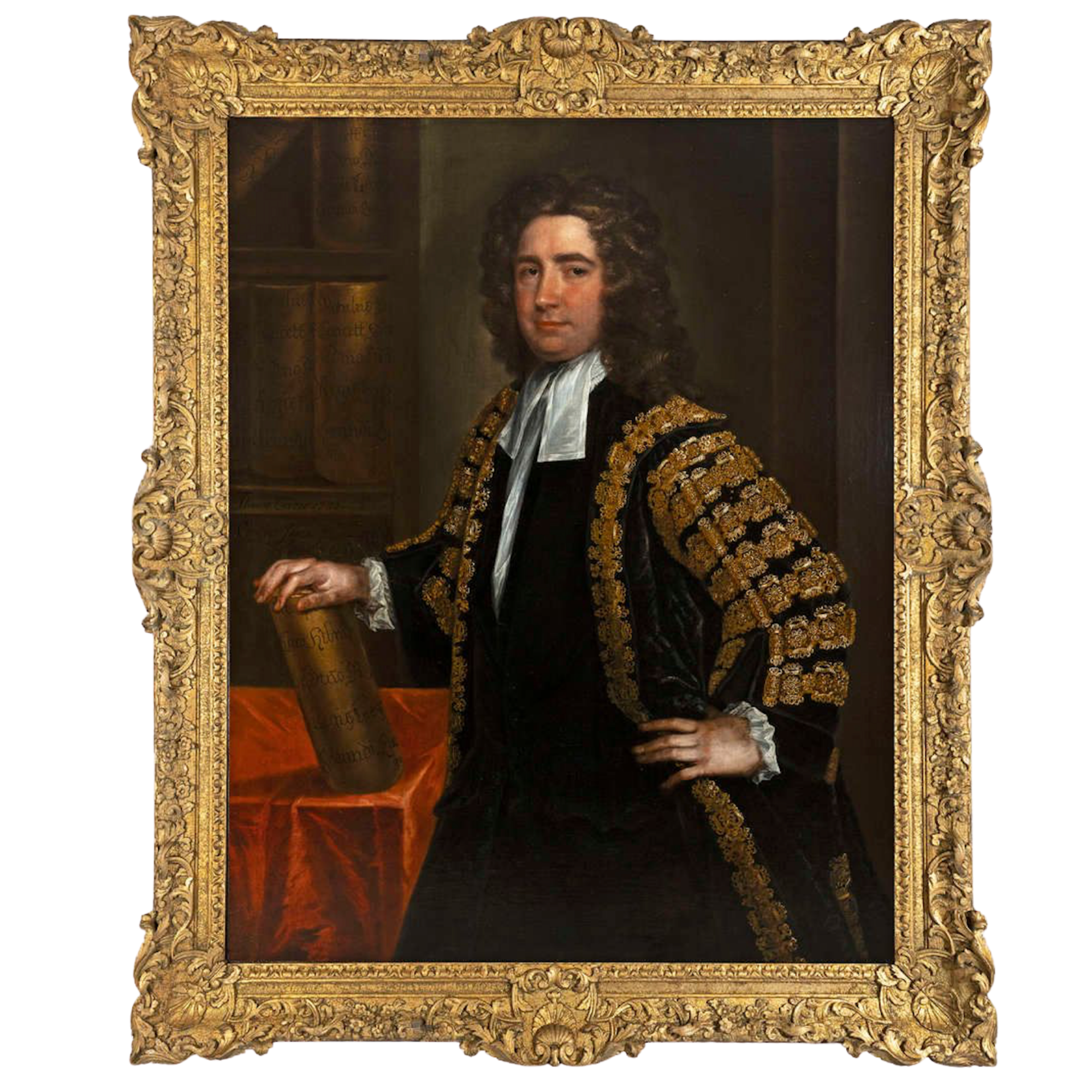 A classical oil portrait painting of a man dressed in rich 18th-century attire with ornate gold embroidery and a white cravat, framed with an elaborate gold frame.