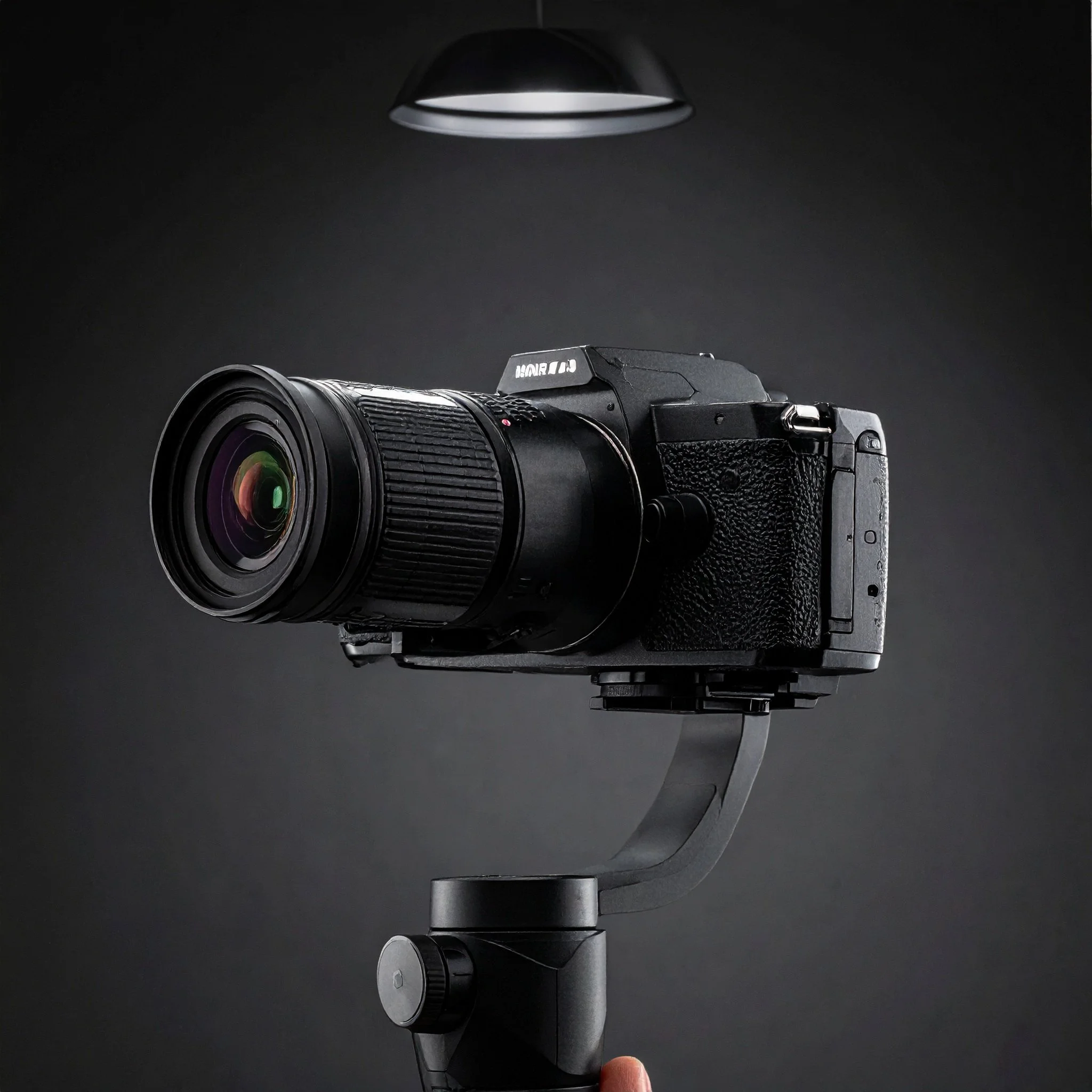 A black digital camera mounted on a stabilizer against a dark background, with a focused light overhead.