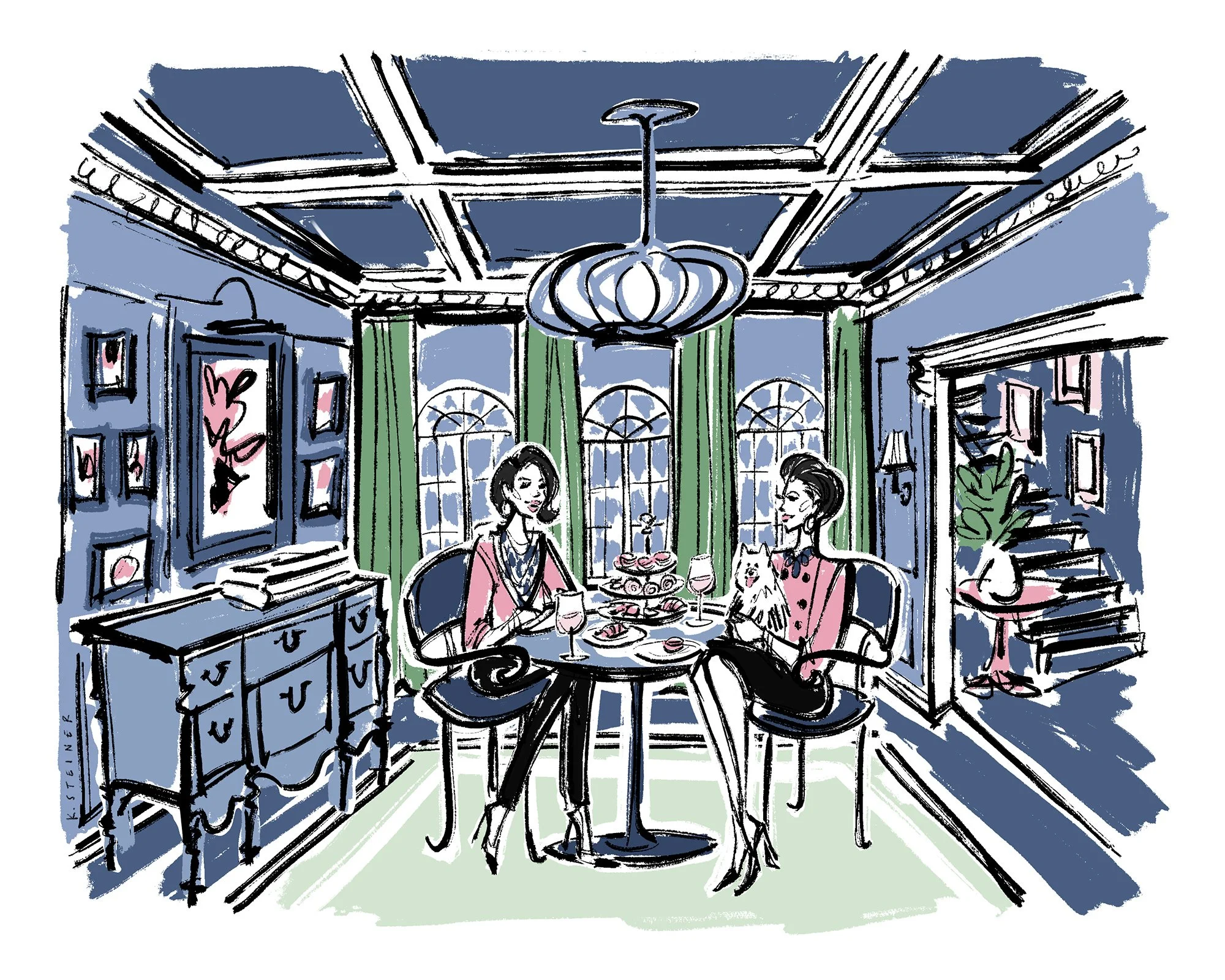 handdrawn illustration shows two women having tea in a stylish interior