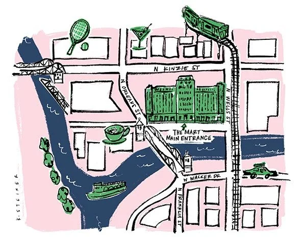 Hand drawn map shows the location of THE MART, on the Chicago Riverfront.