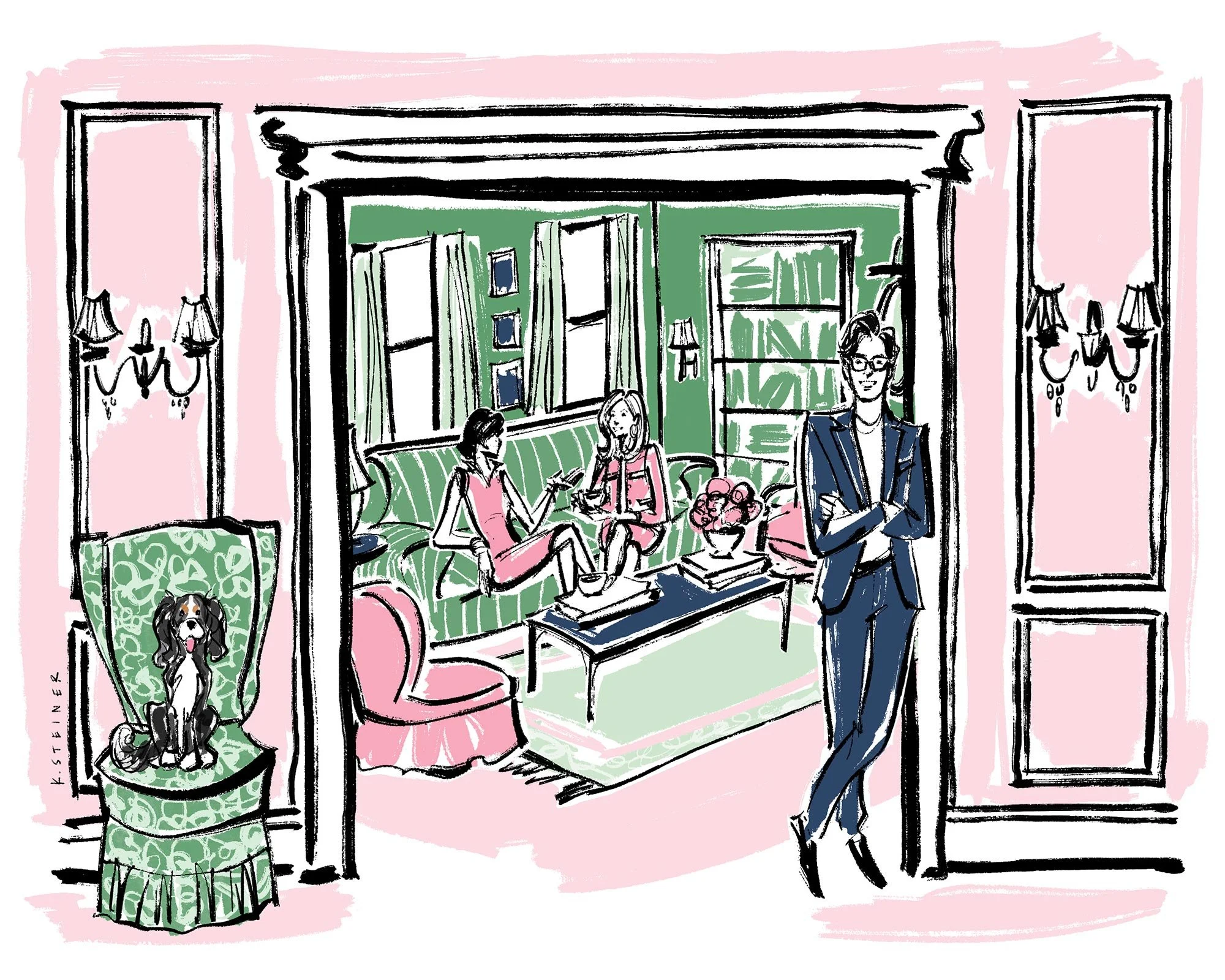 Illustration of view into stylish living room with two women haveing tea. A man stands to the right of the entrance, while a cute dog occupies a chair on the left side.