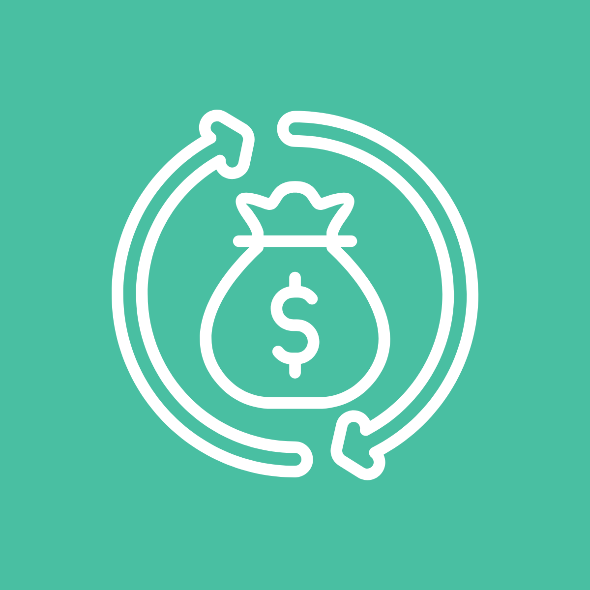 Line art illustration of a money bag with a dollar sign, surrounded by circular arrows indicating recycling or continuous exchange, on a teal background.