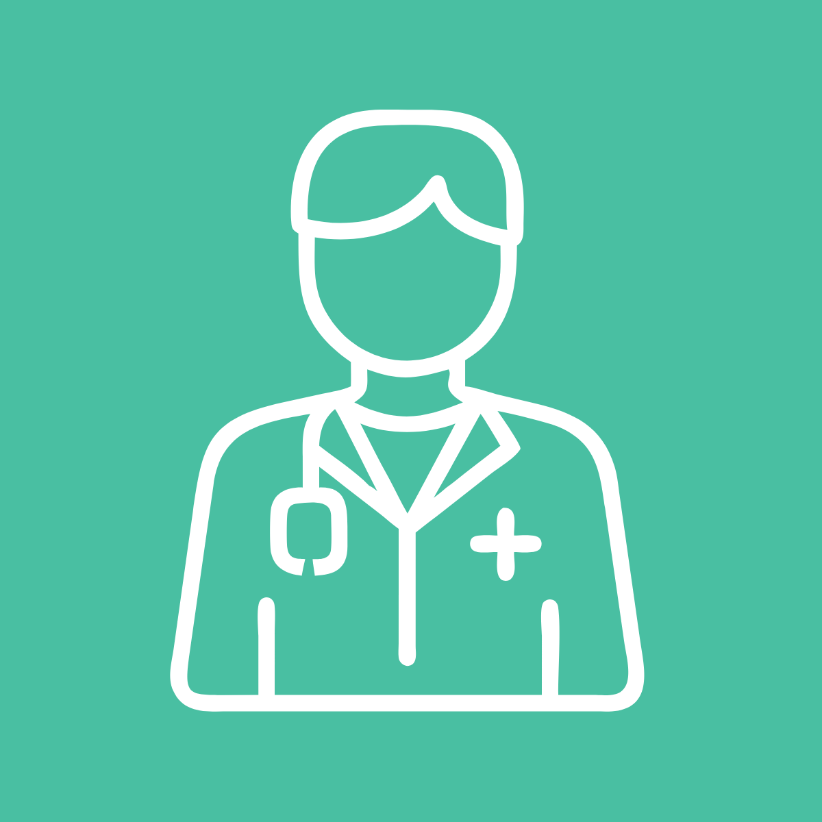 Line art icon of a doctor with a stethoscope and a medical cross on their coat.