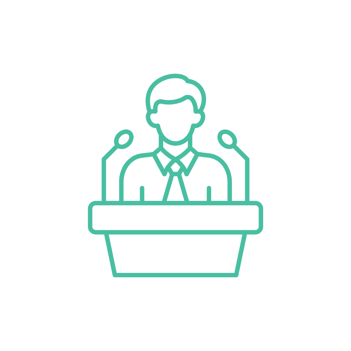 Line drawing of a person at a podium with microphones, wearing a shirt and tie.
