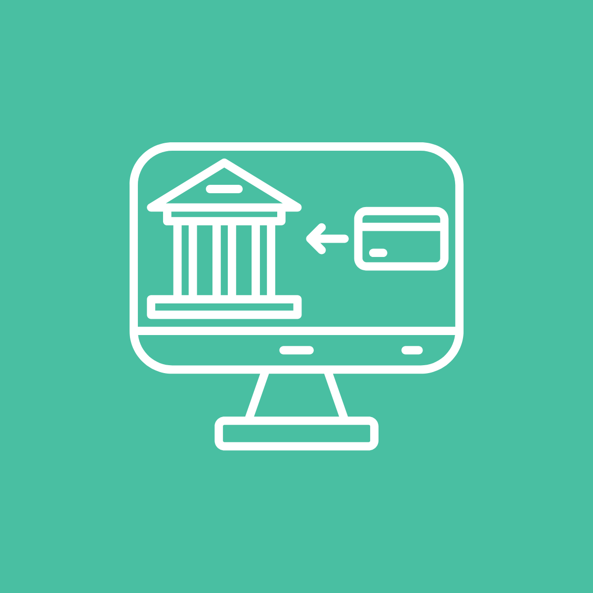 Digital illustration of a computer monitor displaying a bank building with a swipe card and arrow pointing left.