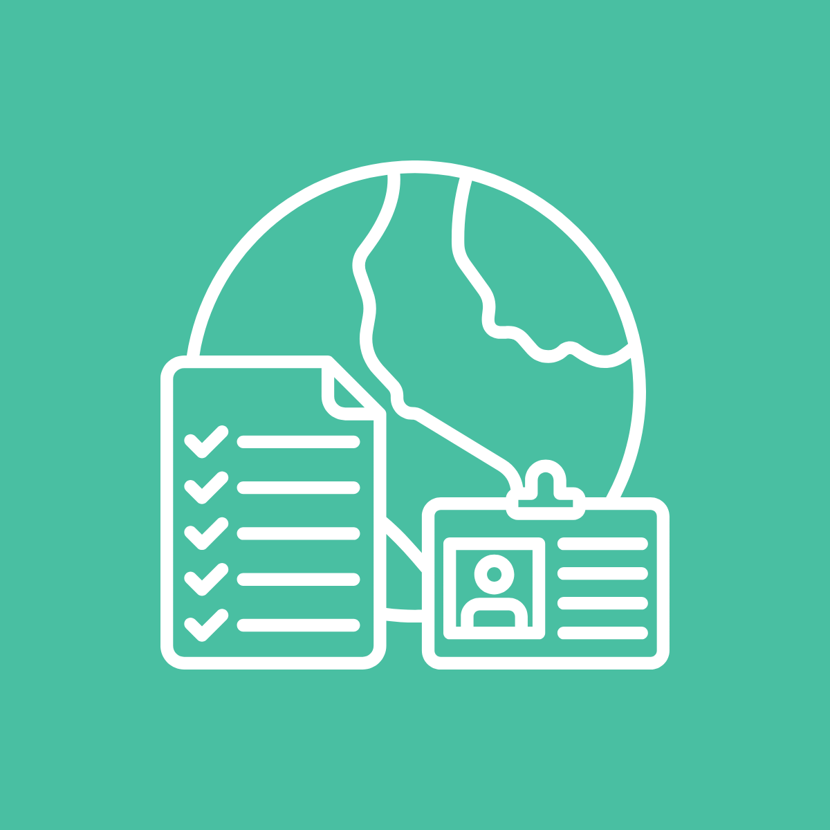 Line drawing of Earth, a checklist, and an identification badge, symbolizing global travel or international documentation.