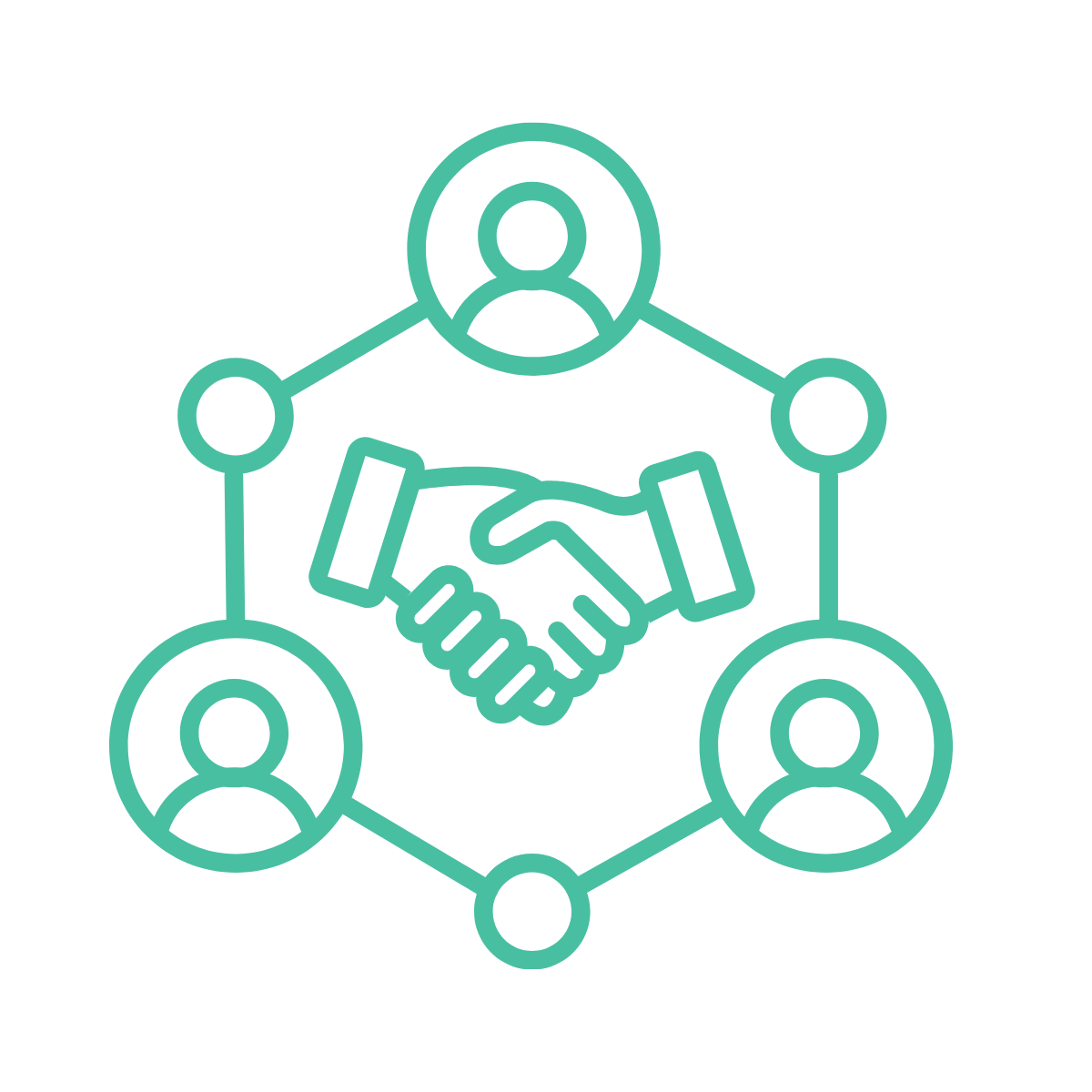 Icon of a handshake surrounded by a network of four person icons connected by lines, representing collaboration or agreement.
