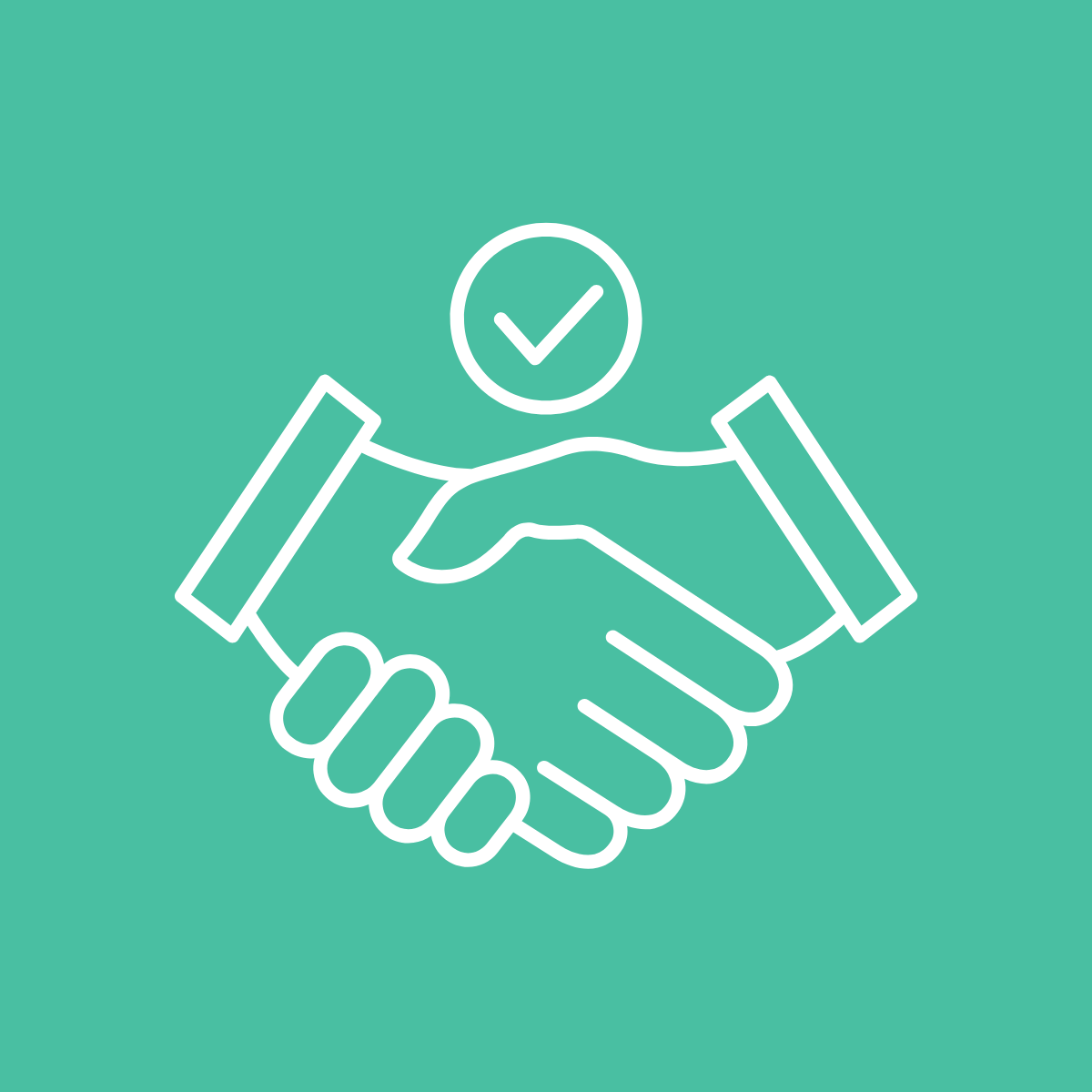 Outline of two hands shaking with a checkmark above them on a teal background.