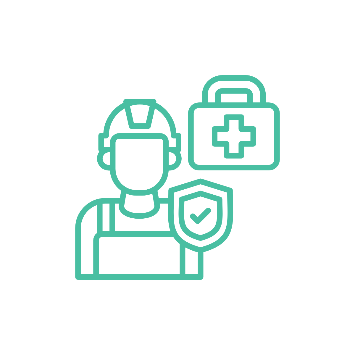 Line art of a worker in a hard hat with a healthcare kit and shield with a checkmark, representing worker health safety.