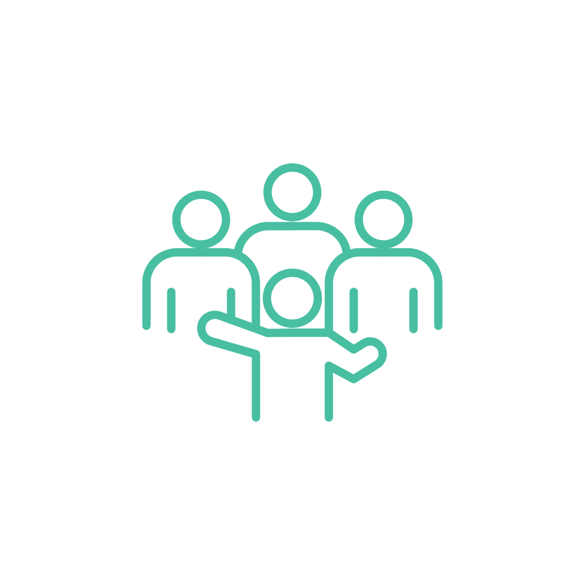 Line drawing of a person giving a presentation to three seated individuals in a group setting.