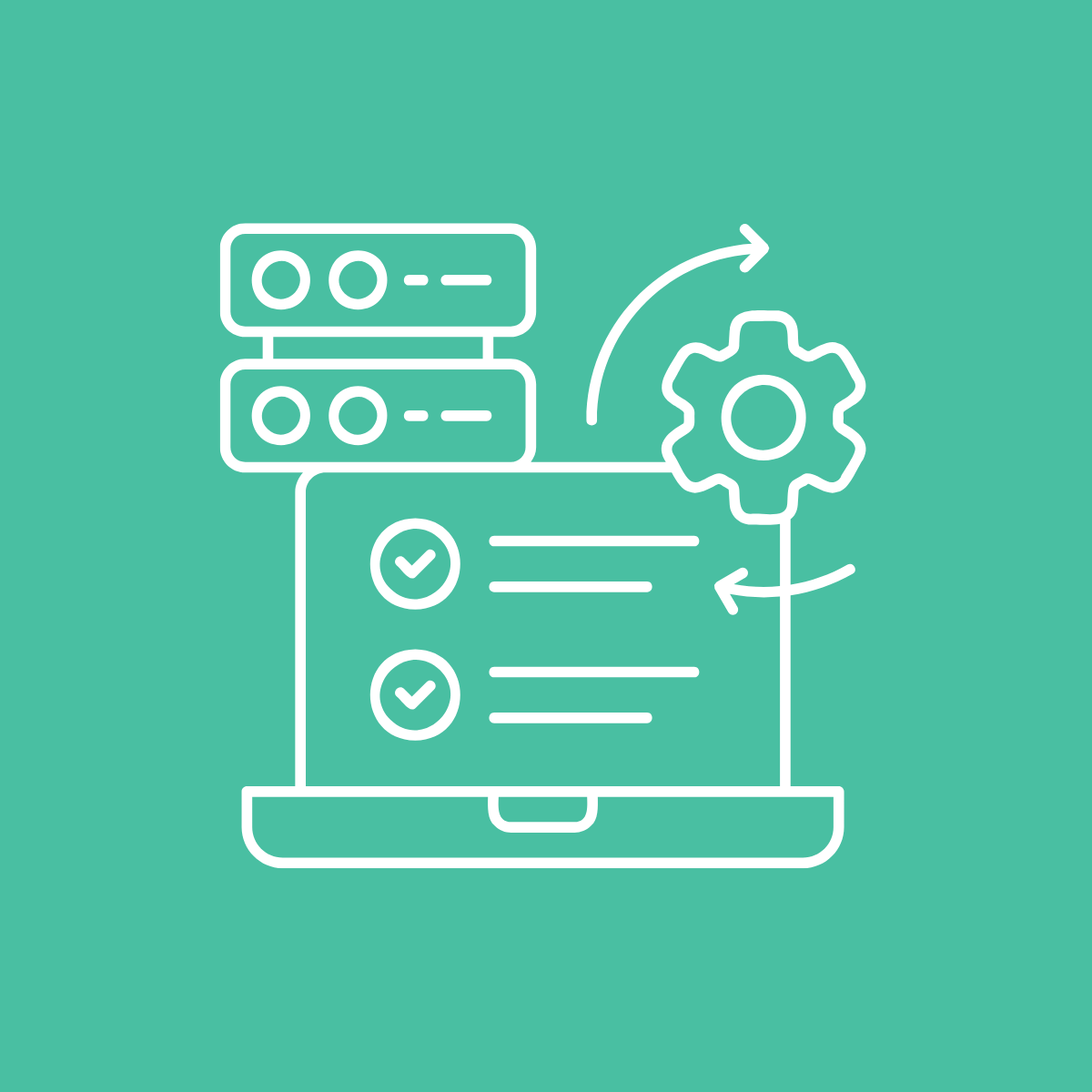 Line art illustration of a laptop with a checklist and gears, indicating automation or process management, on teal background.