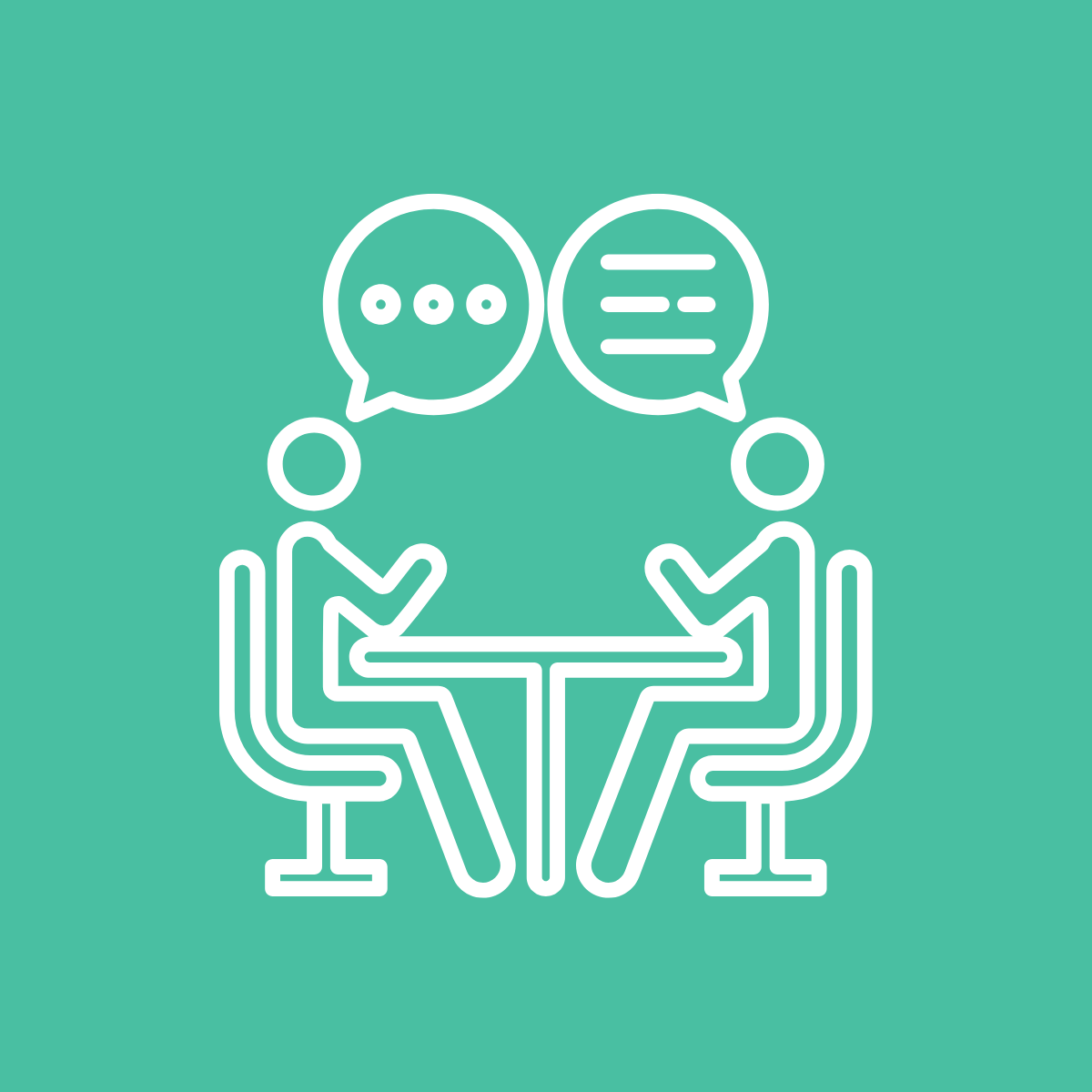 Two people sitting at a table having a conversation, represented with speech bubbles above their heads.