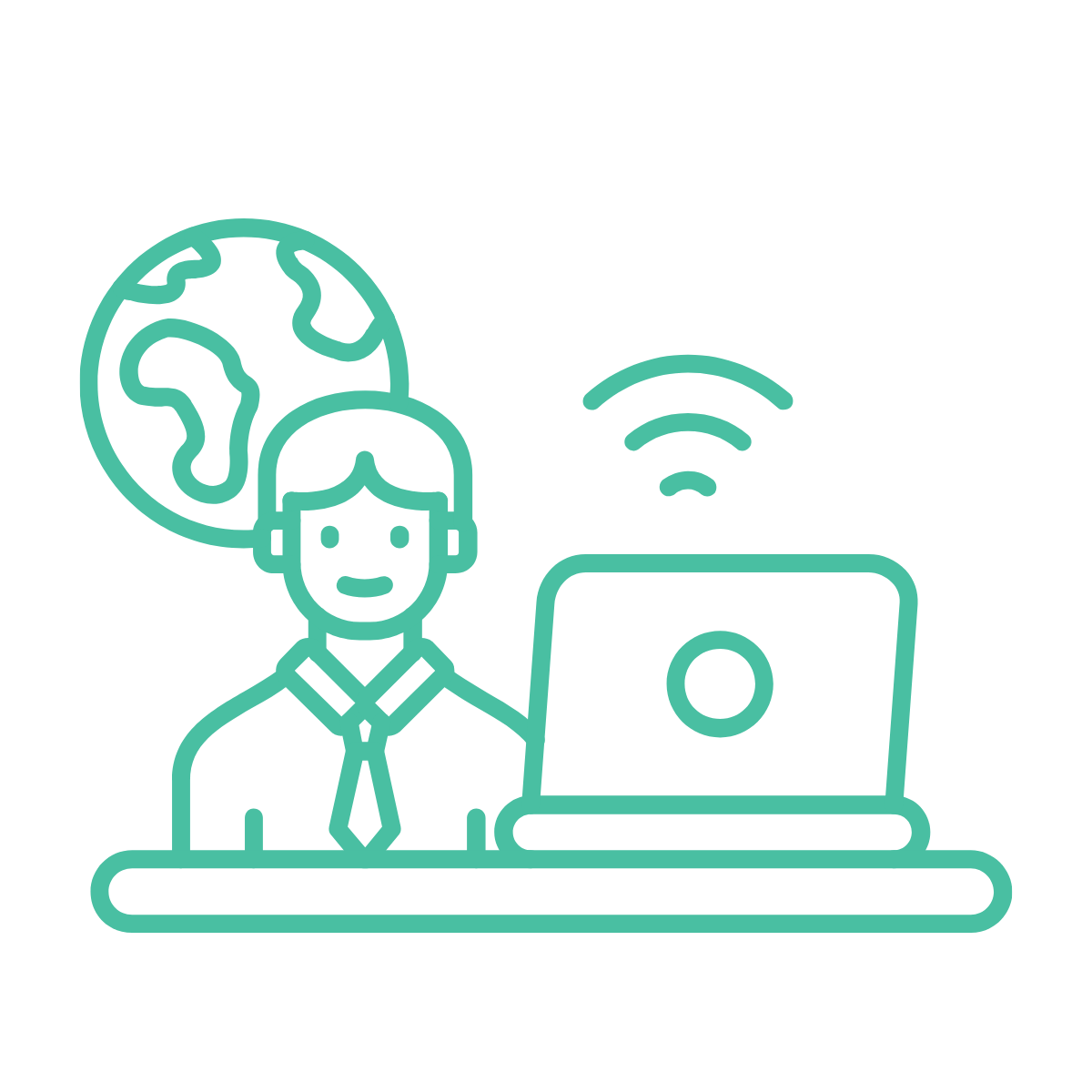 Line drawing of a person wearing a tie, sitting at a desk with a laptop, a globe behind them, and Wi-Fi signal above the laptop.