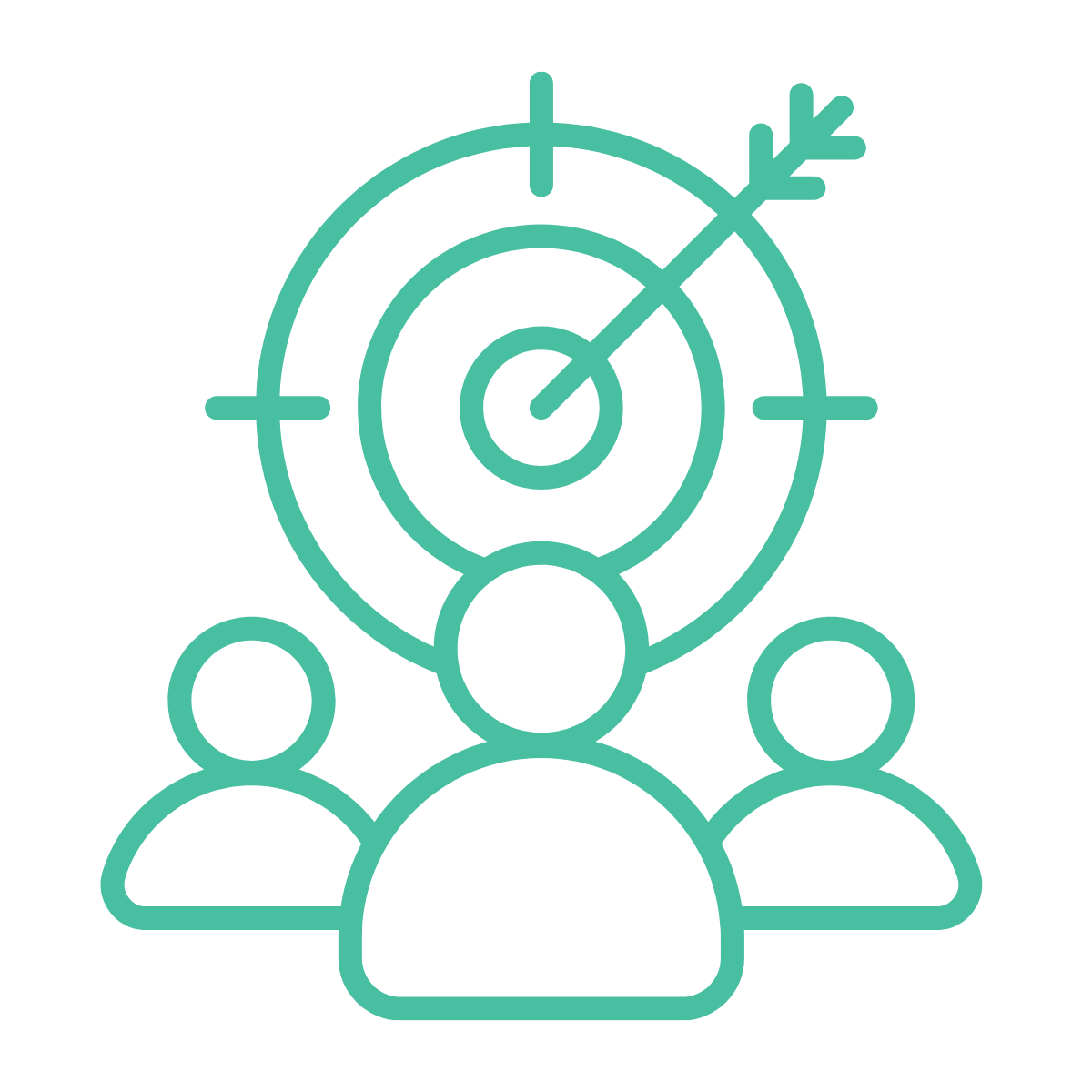 Simplified icon of a target with an arrow hitting the bullseye, above three people representing a team or audience.