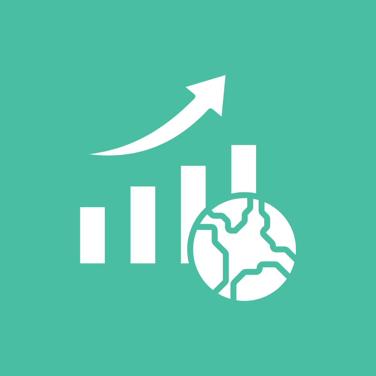 Graph with upward arrow, bar chart, and globe symbol