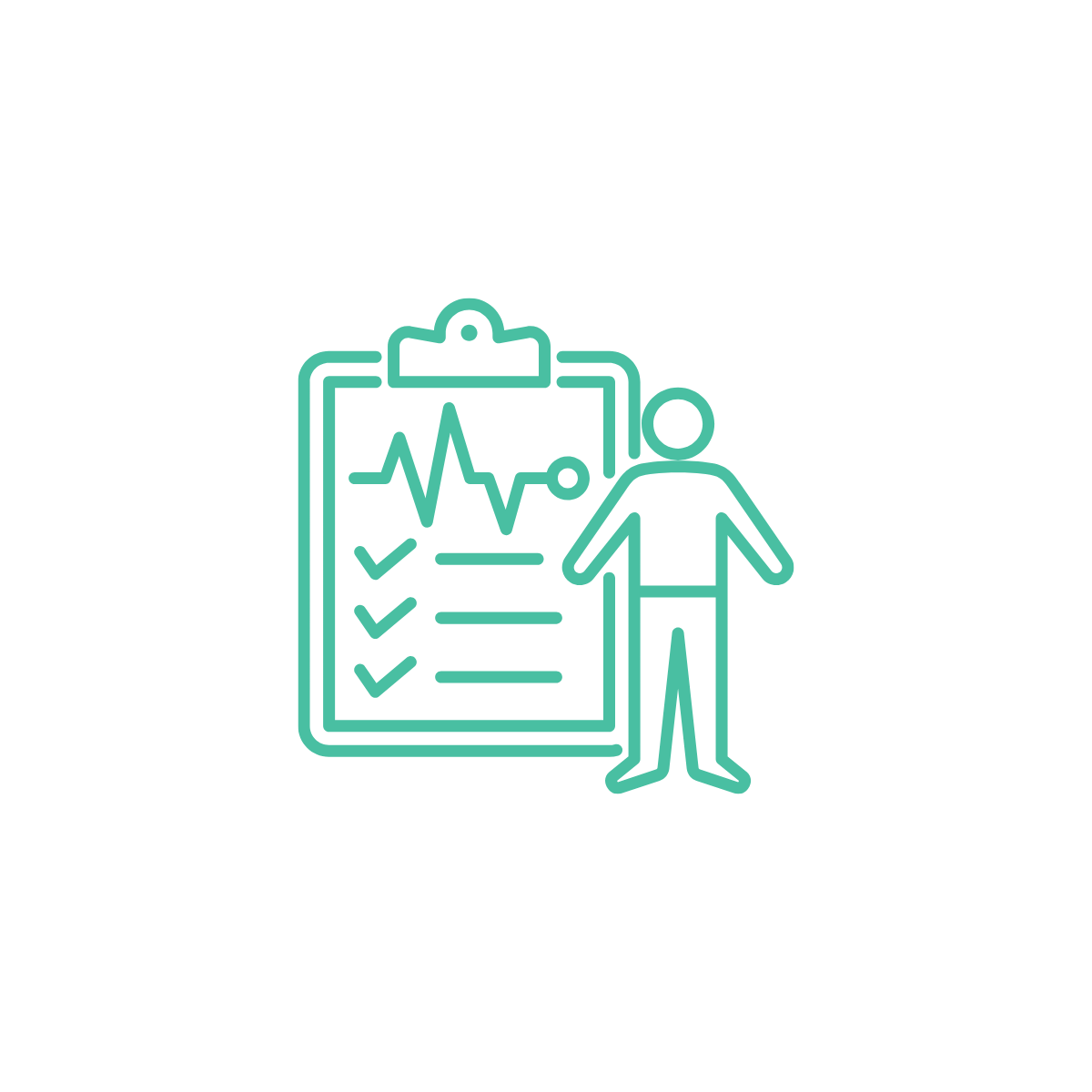 Outline of a person standing next to a clipboard with health monitoring icons, including a heartbeat line, checkmarks, and lines of text.