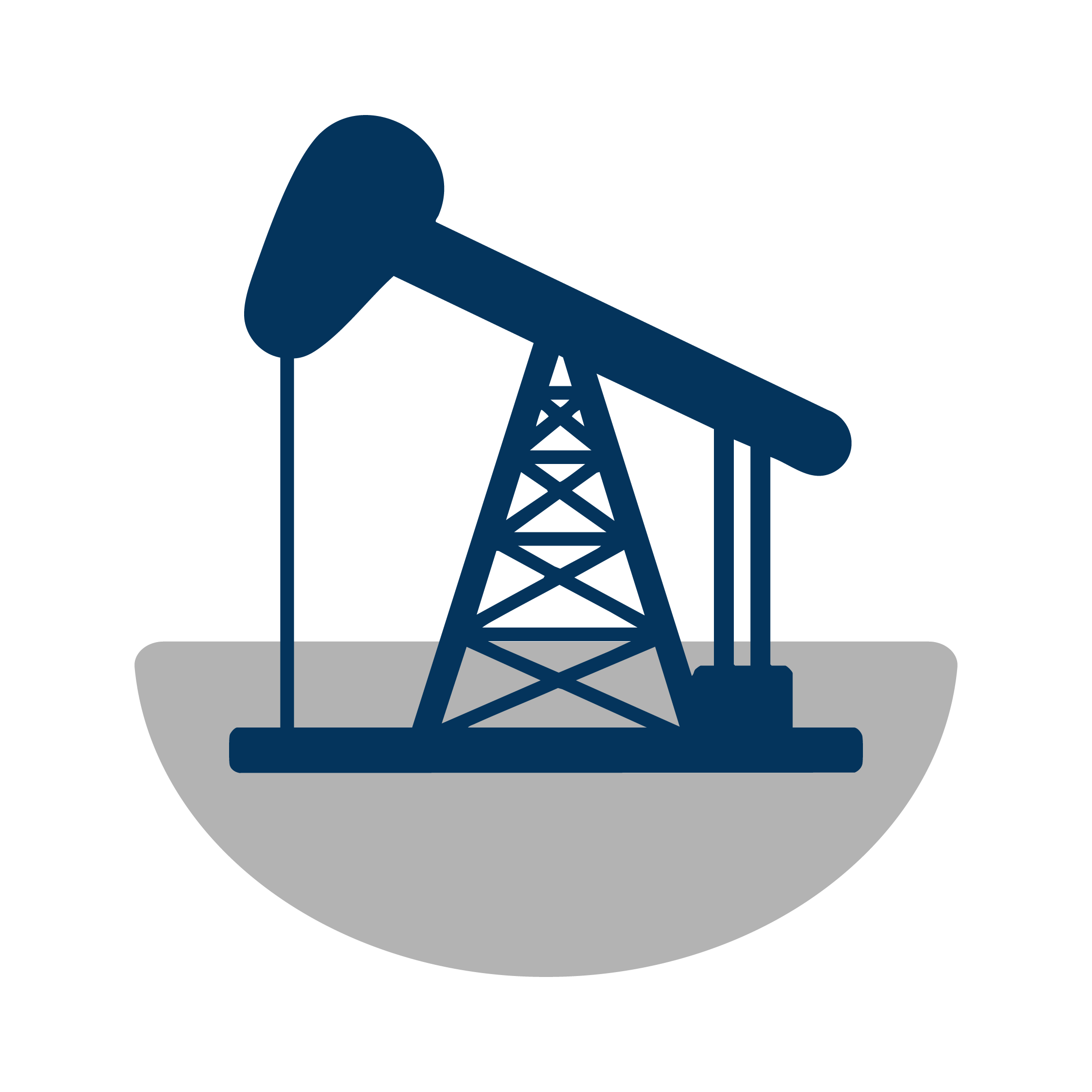 Icon of an oil pumpjack, depicted with a dark blue color, set against a black background with a gray semi-circle base.