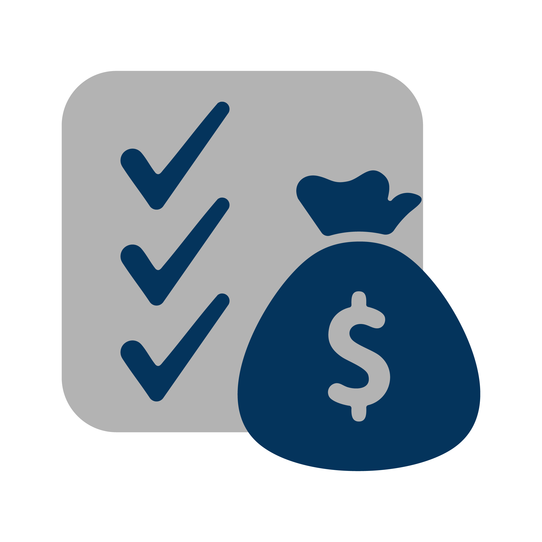 Checklist with three checkmarks, a money bag with a dollar sign, and a few dollar bills.