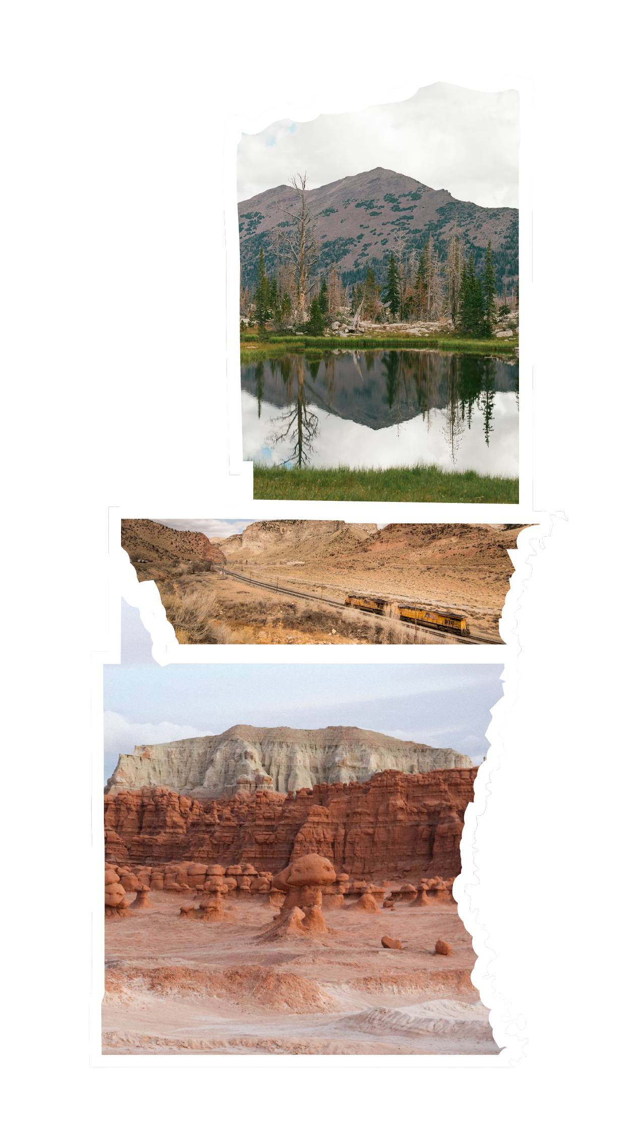 Three landscape photographs of natural scenes. The first shows a mountainous area with a calm lake mirror reflecting trees and a mountain under a cloudy sky. The second depicts a desert with a train on a track running through arid, rocky terrain. The third features hoodoos, unique rock formations, in a red canyon with layered cliffs and a cloudy sky.
