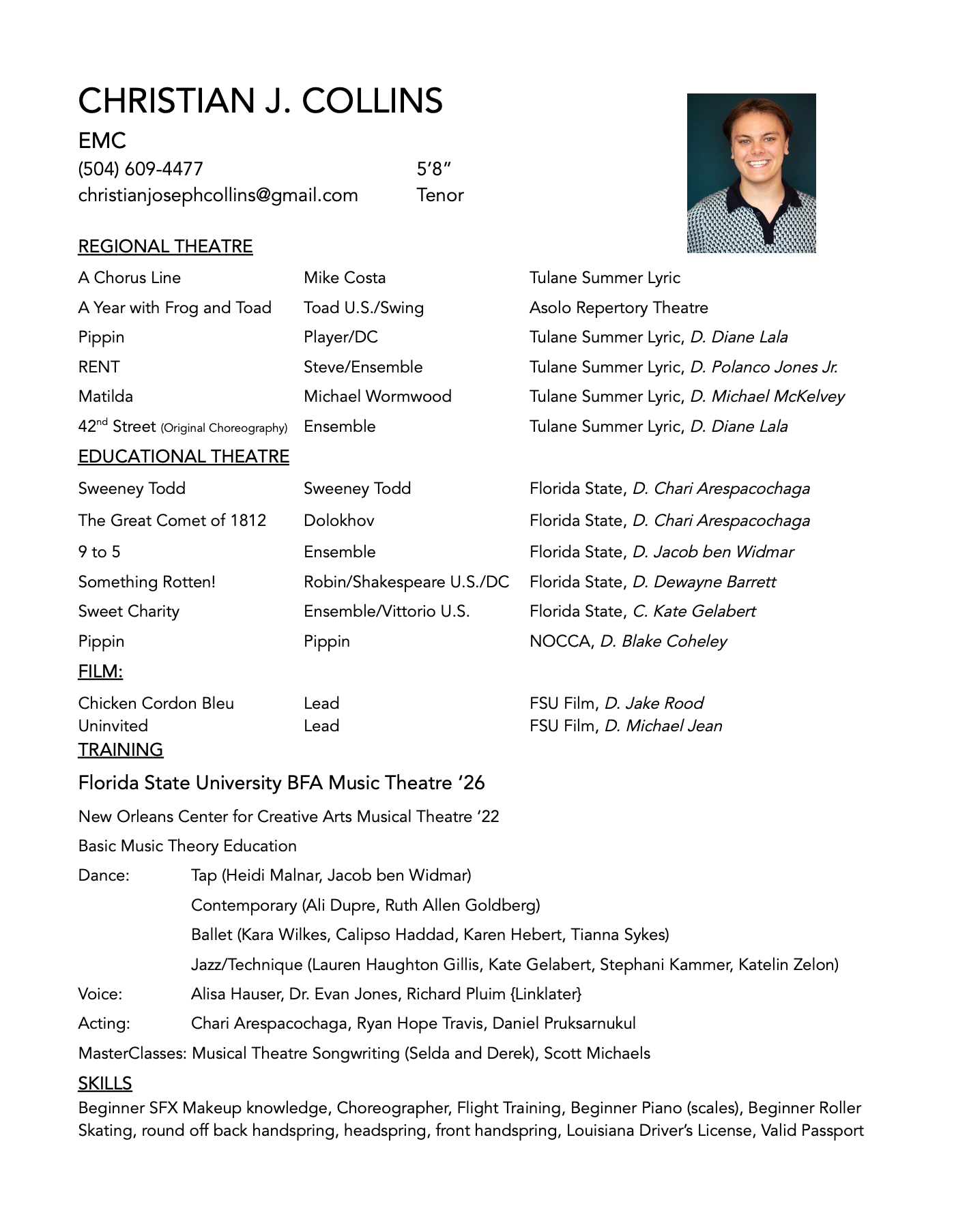 Professional resume of Christian J. Collins featuring his photo, contact details, and list of theater and film experience.