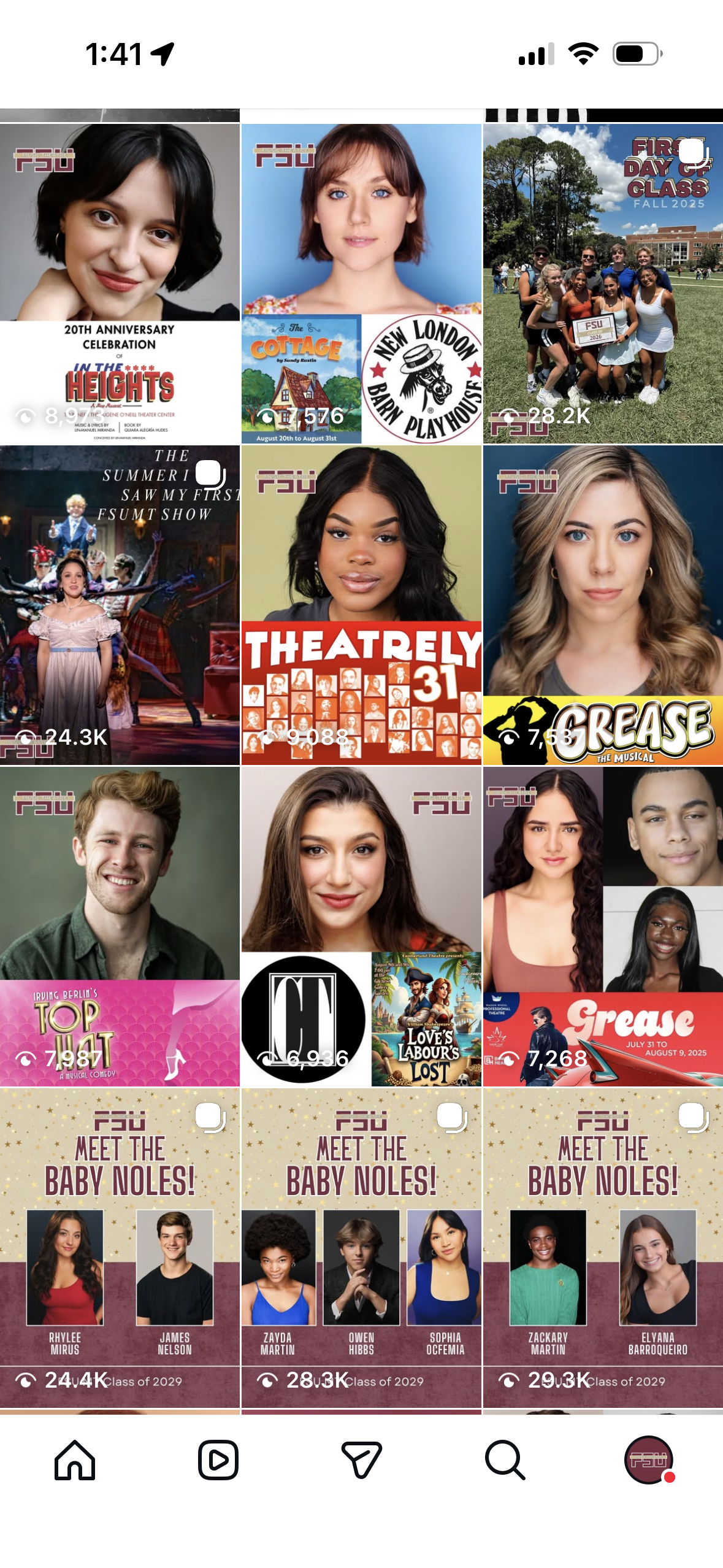 Screenshot of a social media feed displaying promotional images and event announcements for Florida State University, including theater productions, musical performances, student group activities, and class photos.