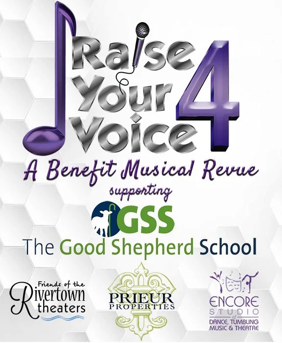 Poster for an event called 'Raise Your Voice 4,' a benefit musical revue supporting GSS. The poster features a large purple musical note, the event title in bold silver and purple text, and logos of the supporting organizations.